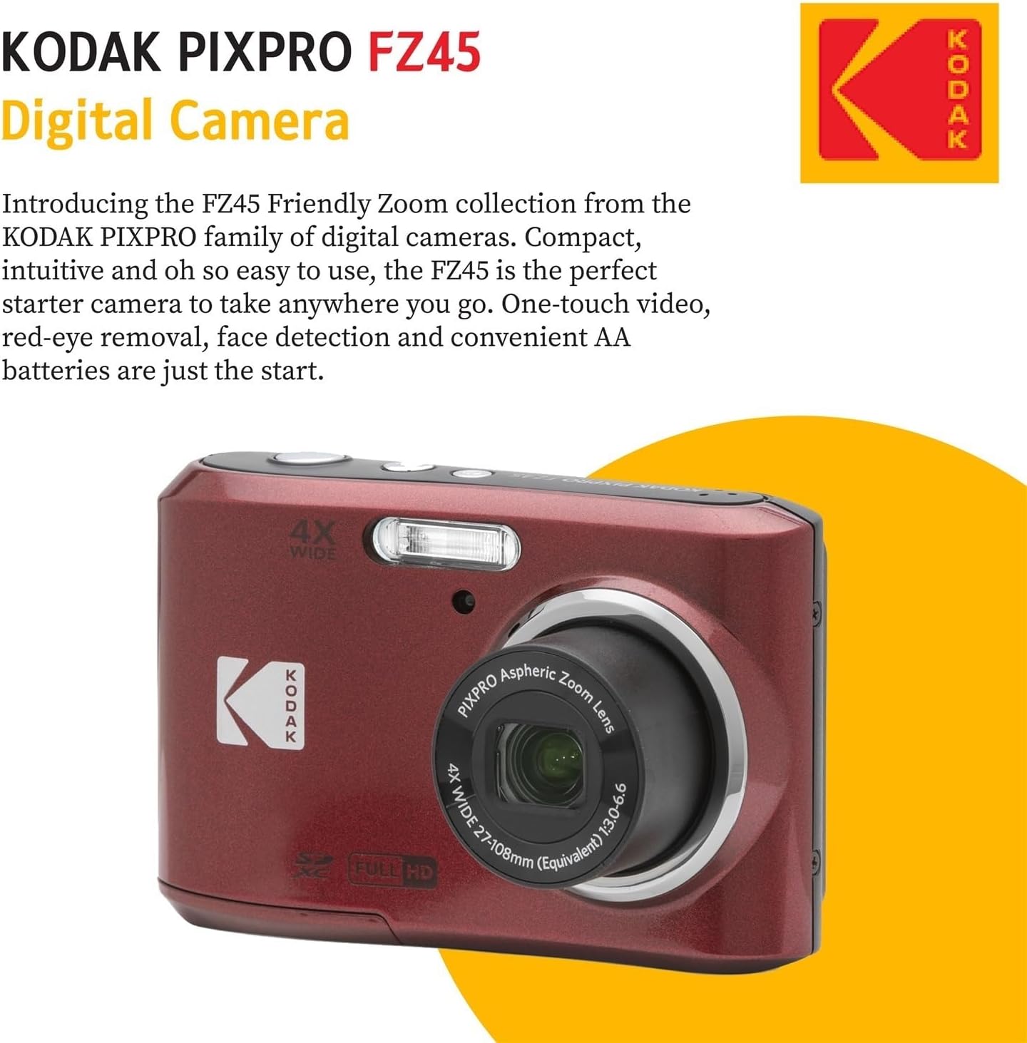 KODAK PIXPRO FZ45 16MP Digital Camera with 4X Optical Zoom 27mm Wide Angle and 2.7' LCD Screen Bundle with 32GB SD Memory Card, AA Batteries (4 Pack), Lens Cleaning Cloth (Red)
