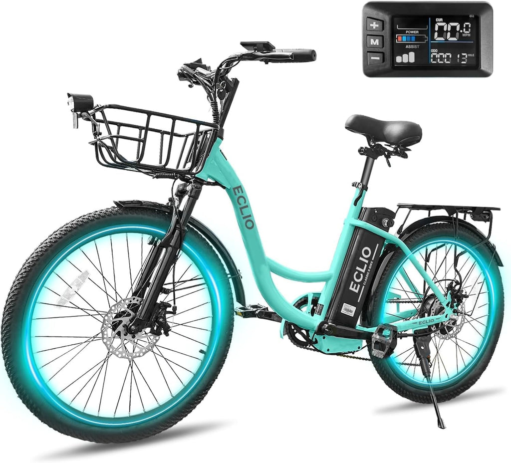 Electric Bike for Adults, Peak 700W Motor 20MPH, 374.4Ah Removable Battery 50Miles Ebike, 24'' Step Thru City Cruiser E Bike,7-Speed,Full Suspension,Front Basket, Full Suspension,UL 2849 Standard