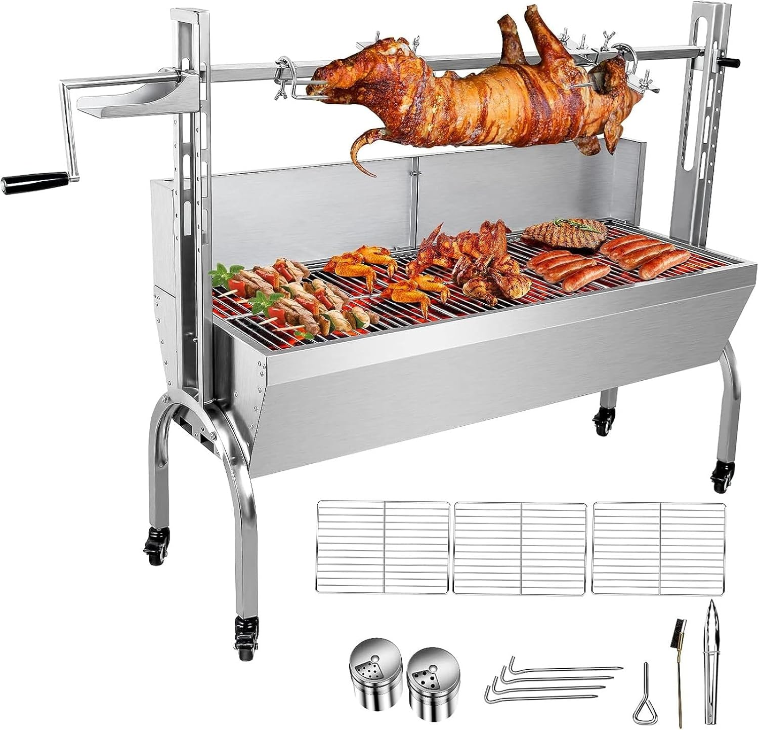 Stainless Steel Rotisserie Grill with Back Cover Guard, 176Lbs Capacity 25W Motor Small Pig Lamb Rotisserie Roaster, 48.7 Inch BBQ Charcoal Rotisserie Grill for Camping Outdoor