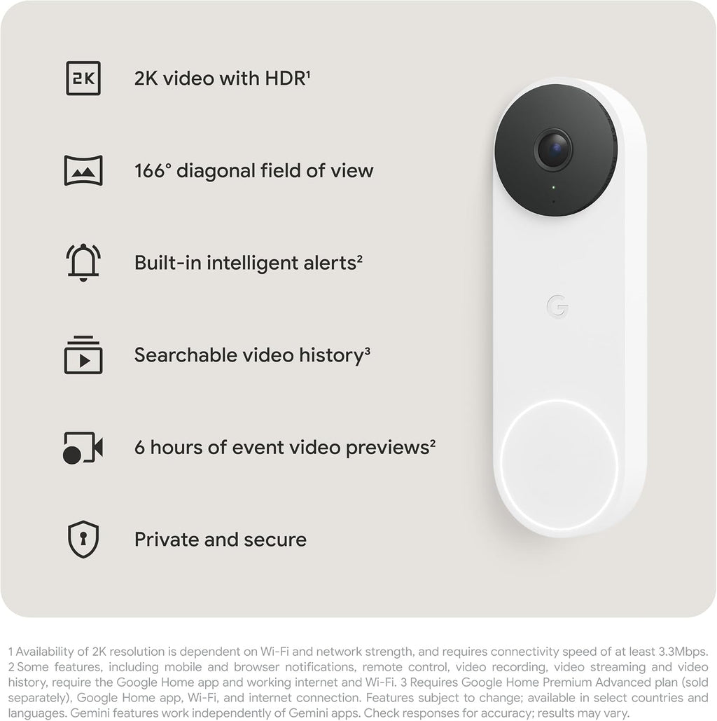 Google Nest Doorbell (Wired, 3rd Gen) - 2K Video and Gemini, Live View, Night Vision, 2-Way Audio - Works with Google Home - 2025 Model - Snow