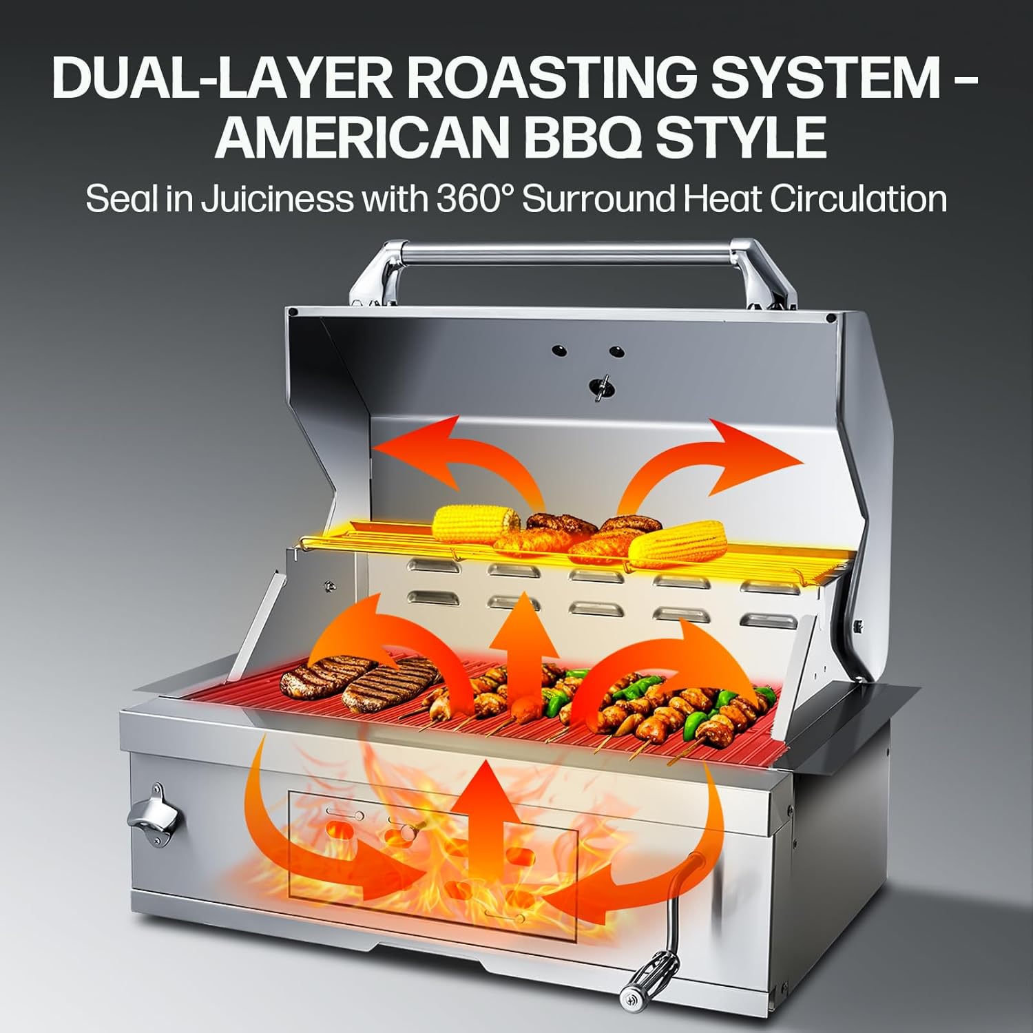 Large Built-In Charcoal BBQ Grill, Charcoal Grills with Liftable Tray, Insulated Hood & Temperature Gauge, Heavy-Duty Stainless Steel Barbecue Grill for Outdoor Kitchen, Family Parties, and Camping