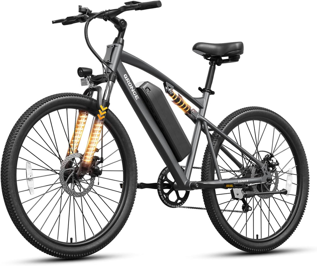 QRONGE Electric Bike for Adults, Full Suspension Ebike, 1000W Peak Motor 486Wh Battery, 28MPH(PAS Mode) Mountain Electric Bicycles, 7 Speed, 26'' Tire, Up to 70 Miles, Zephyr