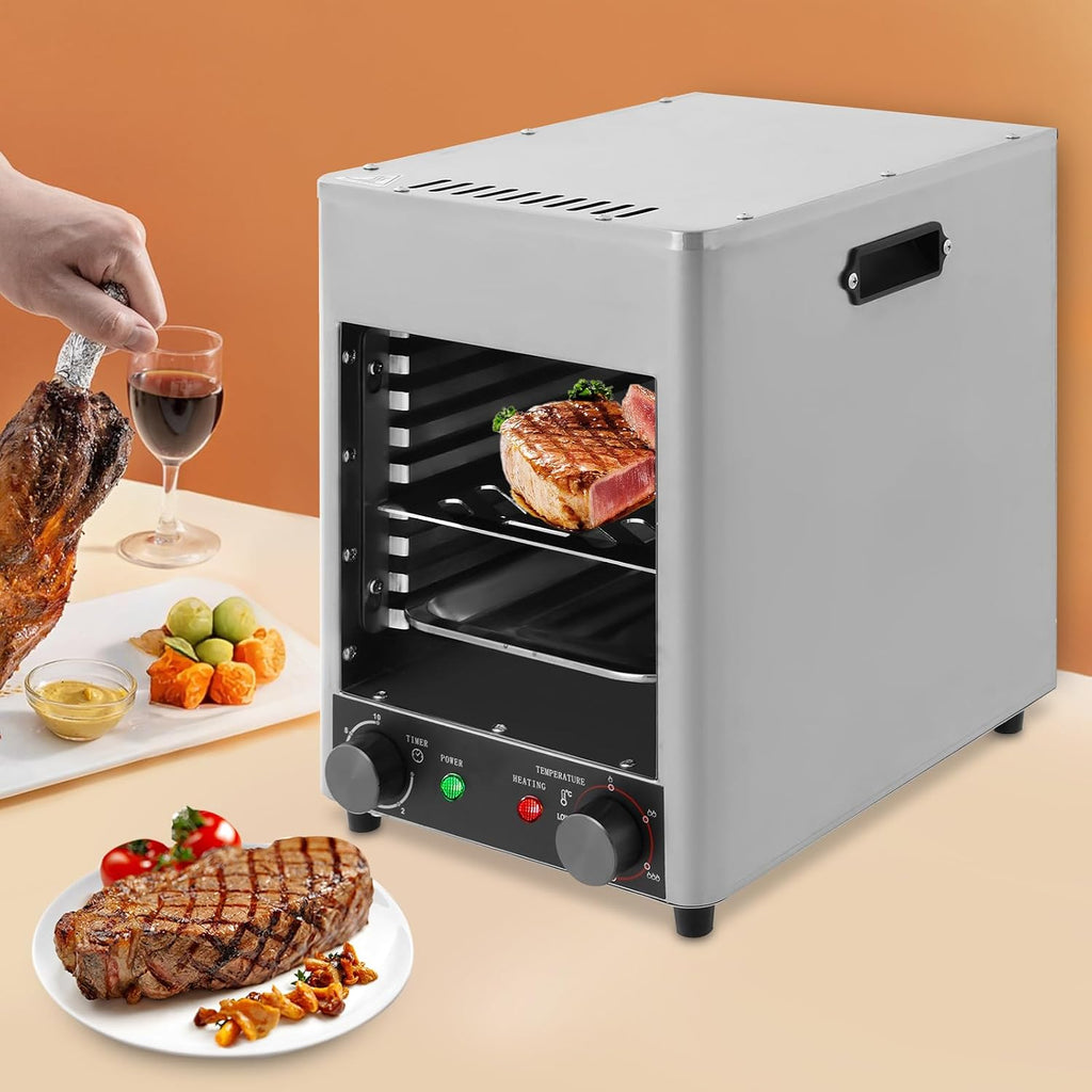 Electric Steak Broiler Steakhouse Grill 30-1500°F Portable Electric Broiler Stainless Steel Steak Cooker Tabletop Steak Grill for BBQ Burgers Fish Meat Seafood Veggies,1700W (Silver)
