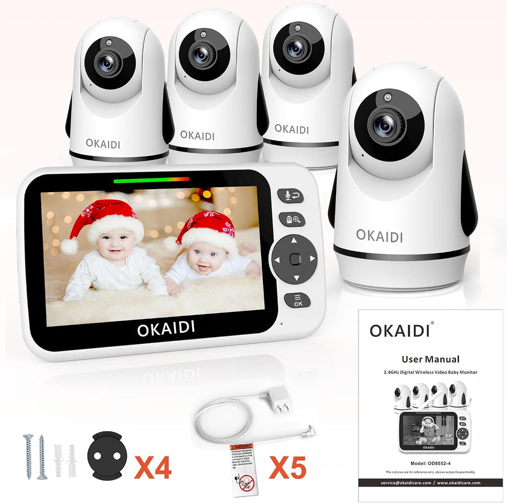 OKAIDI Video Baby Monitor with 4 Cameras, 5' Display Baby Monitor No WiFi, 30H Battery and 1000ft Range, 2-Way Talk, 8 Lullabies, Remote Pan-Tilt-Zoom Baby Camera for Baby Pet Elderly