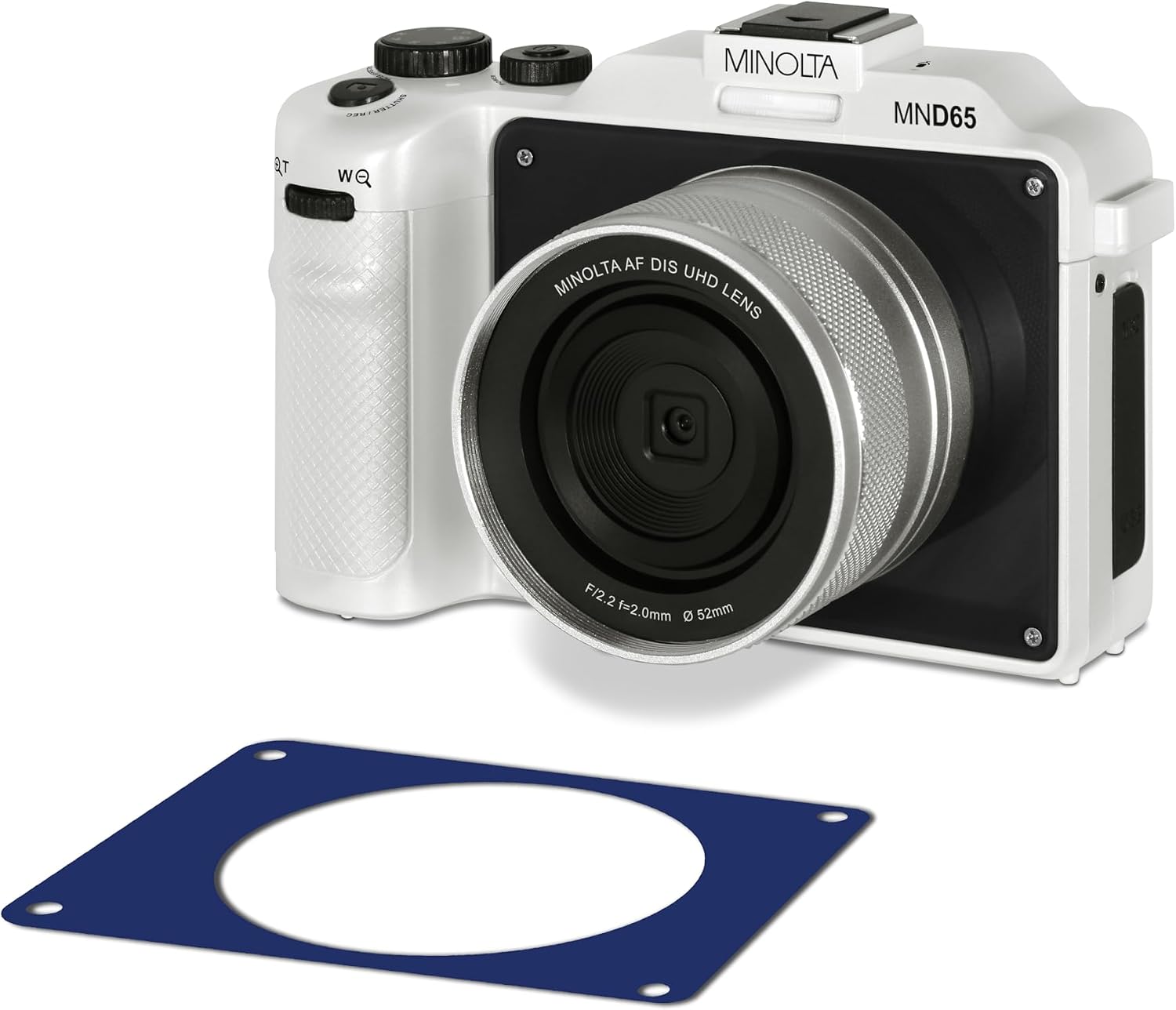 Minolta Digital Camera – 56MP Photos, 4K 60FPS Video, Dual-Lens Selfie Design, 18X Zoom, Wi-Fi, RAW/JPEG Capture, 3' LCD, Replaceable Faceplates (Black & Blue), Compact Travel Camera (White)