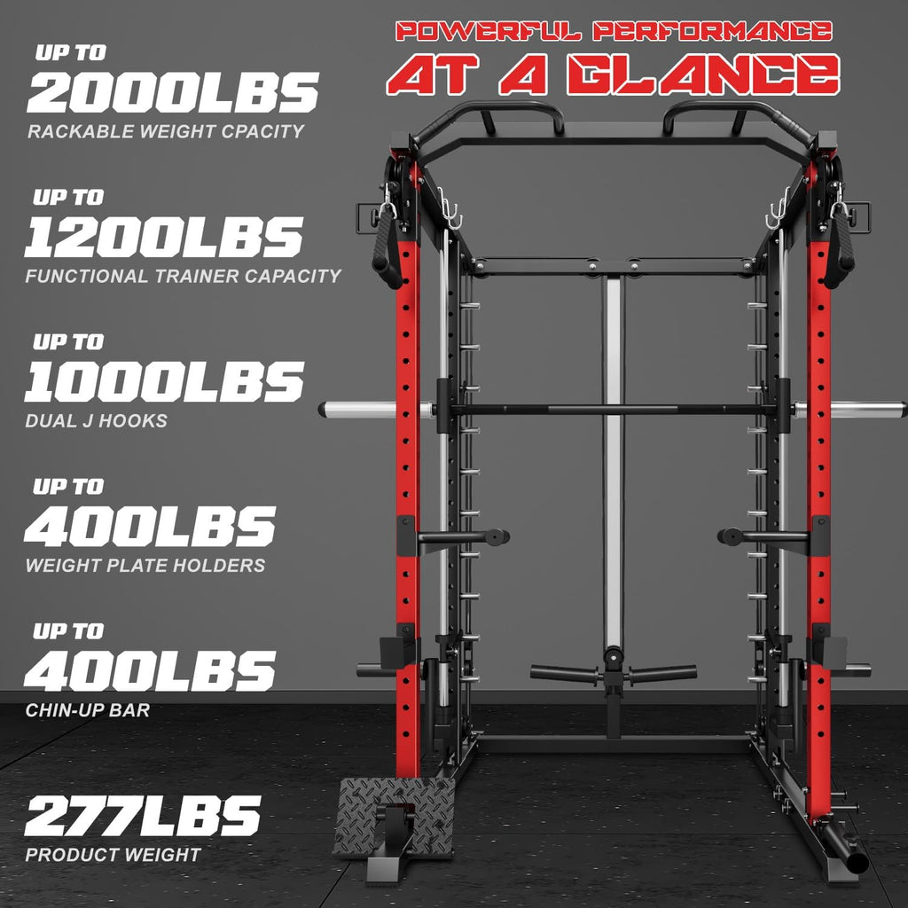 S1-V4 Smith Machine, 2000LBS Power Cage with Cable Crossover System, All-in-One Squat Rack with Smith Bar, Strength Training Equipment for Hone Gym