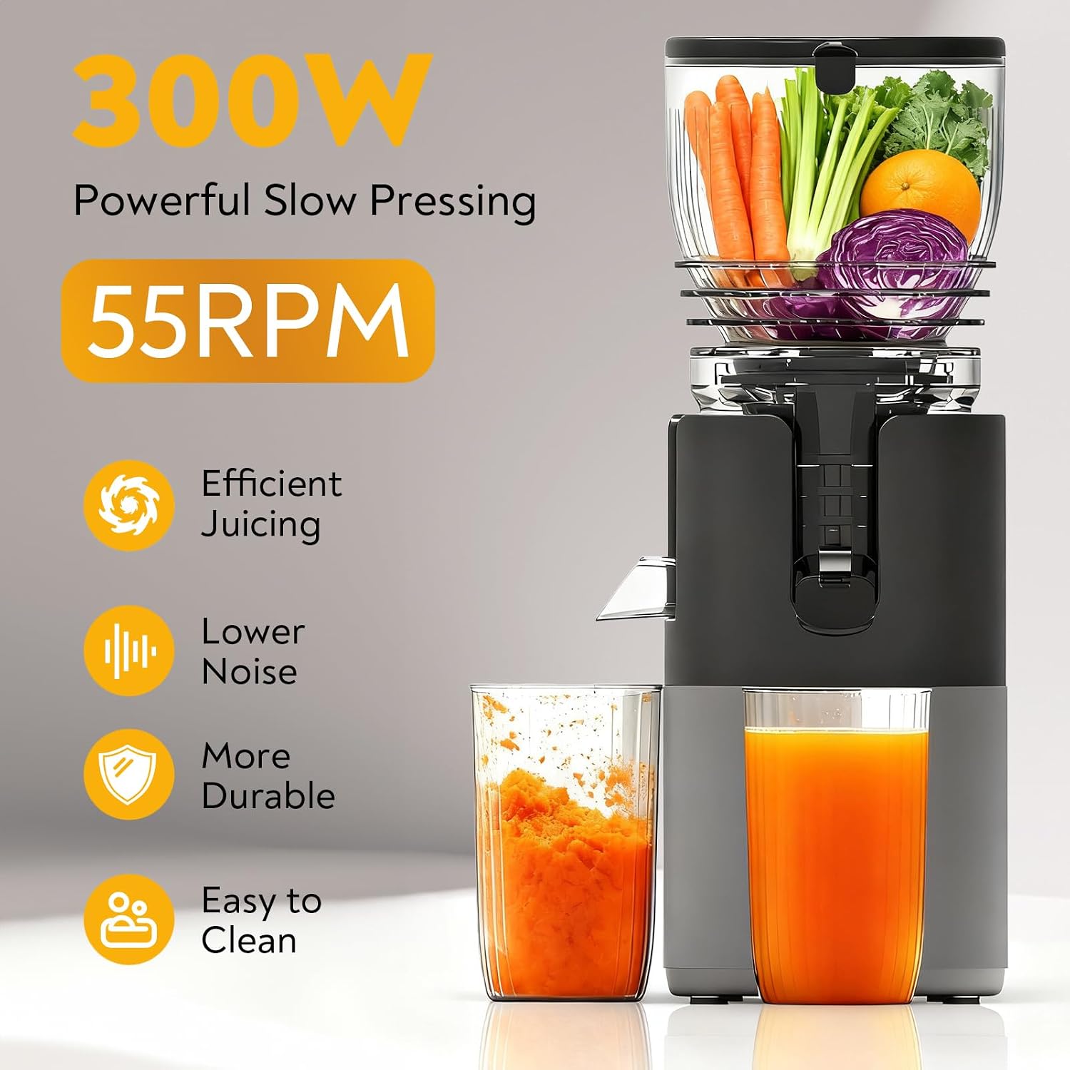 Mokero Cold Press Juicer, 6' Large Feed Chute(57oz Capacity), Slow Masticating Juicer Machines for Whole Fruit and Vegetable, 300W Juice Extractor Machine, Easy to Clean & High Juice Yield