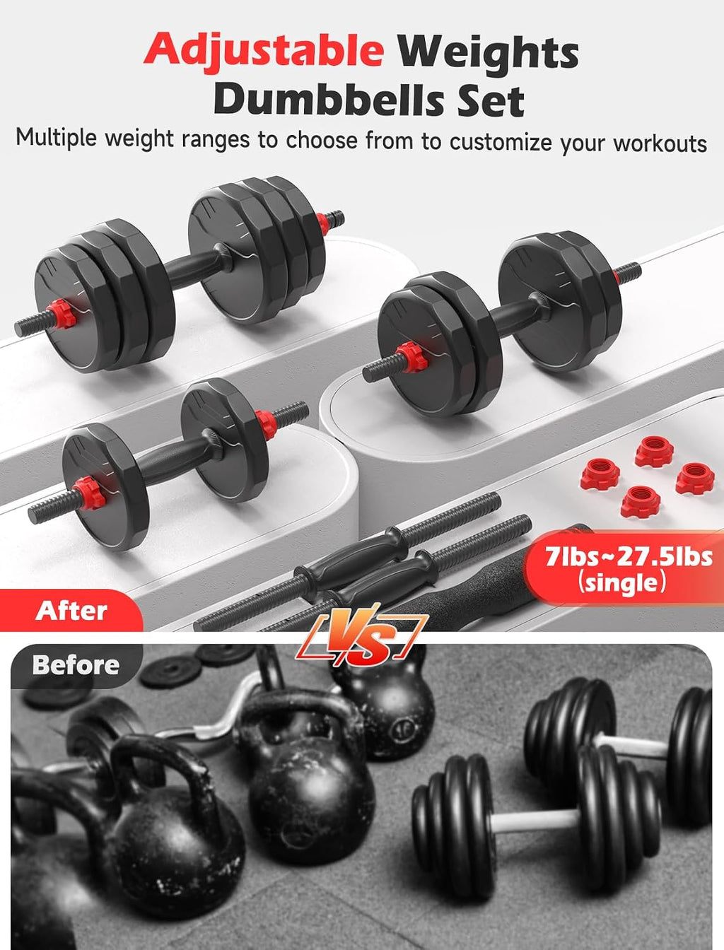 FITPLAM Adjustable dumbbell set,20/35/45/55/70/90lbs Free Weights set with upgraded nut, 5 in 1 Weight Set Used as Kettlebells, Barbell, Push up Stand, Fitness Exercise for Home Gym Suitable Men/Women