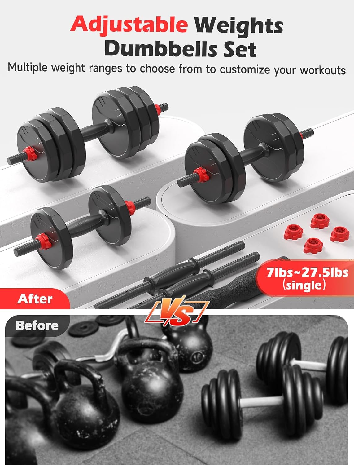 FITPLAM Adjustable dumbbell set,20/35/45/55/70/90lbs Free Weights set with upgraded nut, 5 in 1 Weight Set Used as Kettlebells, Barbell, Push up Stand, Fitness Exercise for Home Gym Suitable Men/Women