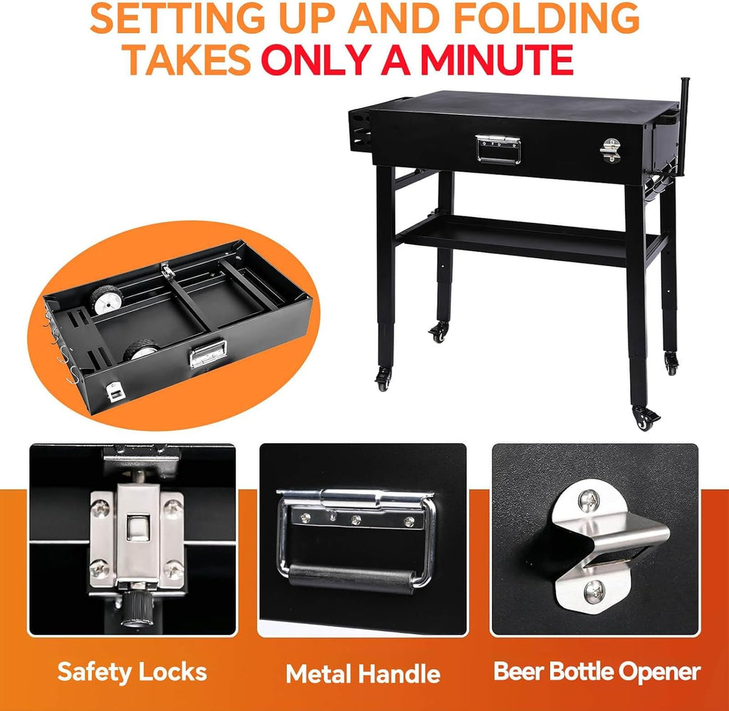Grill Table for Ninja, Universal Foldable Grill Cart for Blackstone, Weber, Ooni Pizza Oven, Portable Outdoor Grill Stand, Adjustable Height 28''-36'', with Caddy, Paper Towel Holder, 4 Wheels