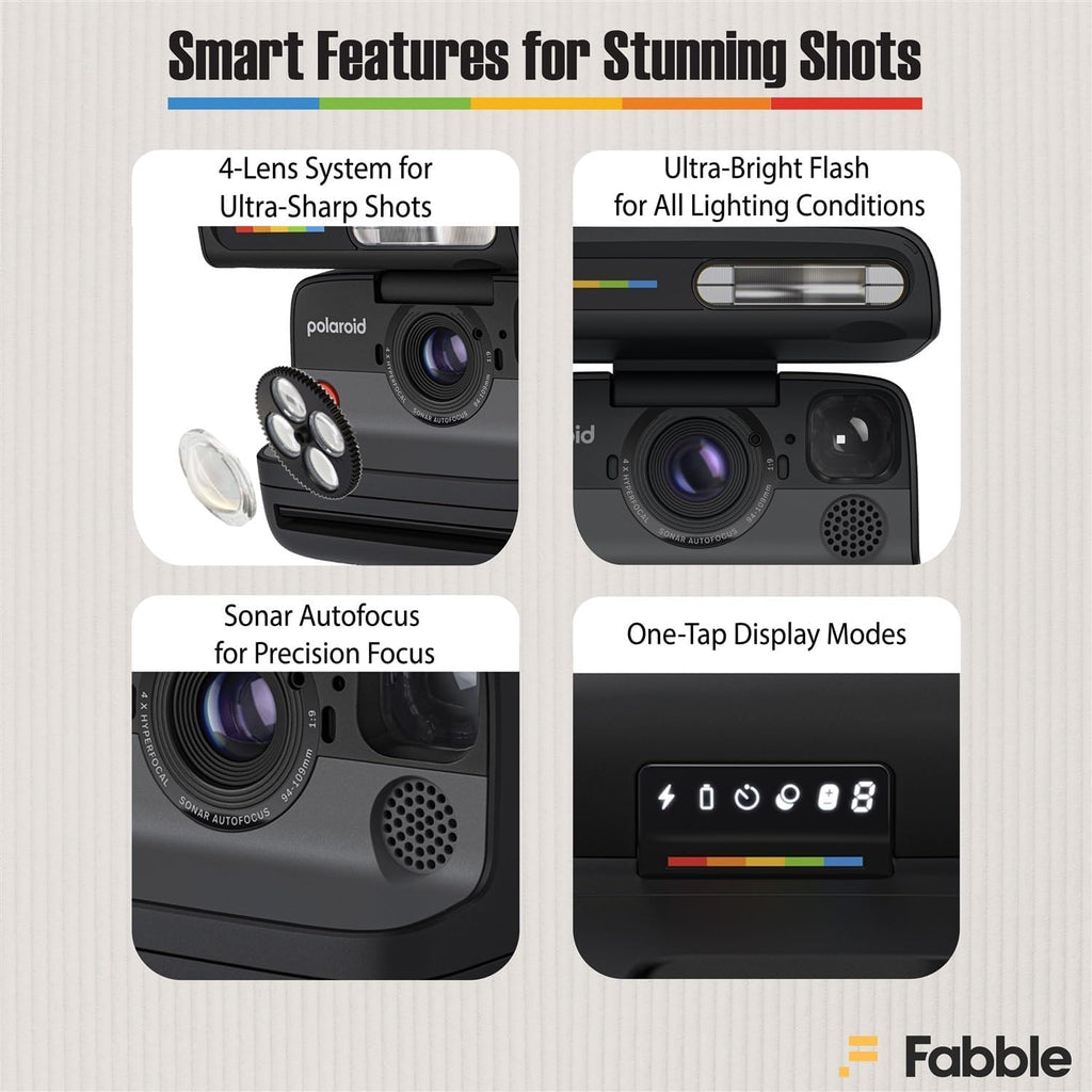 Polaroid Flip Instant Camera Black Bundle with Color i-Type Film (8 Photos), Hard Protective Case, 6ft USB Type-C Cable, and Grey Microfiber Cleaning Cloth