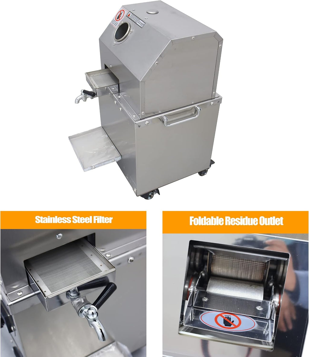 TECHTONGDA 110V Electric Sugar Cane Press Juicer Machine, 3 Rolls Stainless Steel Sugarcane Grinder Cold Press, with Cleaning Port and Casters, 660 lbs/h