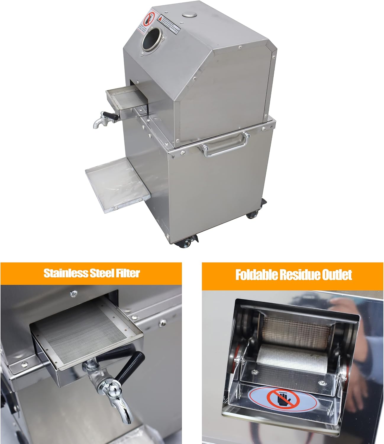 TECHTONGDA 110V Electric Sugar Cane Press Juicer Machine, 3 Rolls Stainless Steel Sugarcane Grinder Cold Press, with Cleaning Port and Casters, 660 lbs/h