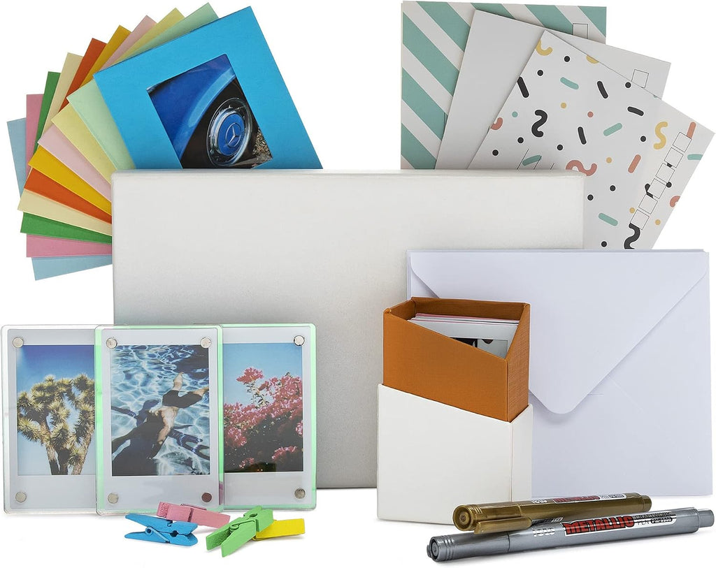 Polaroid GO Everything Box Bundle with Polaroid GO Color Film (2-Pack), 3 Magnetic and 10 Hanging Frames and Storage Box, Postcard Set (20-Pack) with Metallic Pen Set (5 Items)