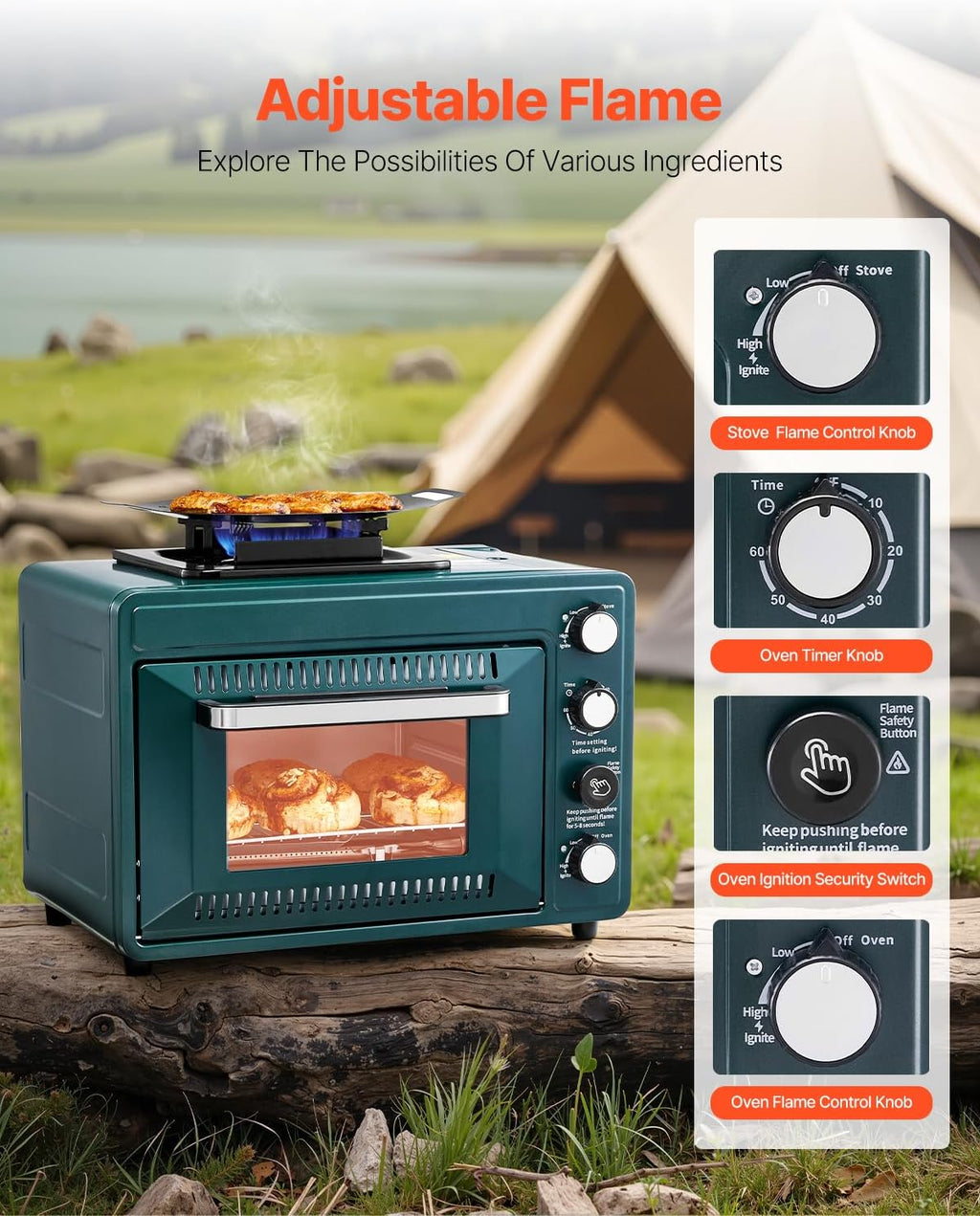 VEVOR Outdoor Camping Oven, 2-in-1 Portable Gas Camping Stove Oven Combo, Adjustable Fire, 60-Minute Timer, Windproof, for Camping Backyard Picnic Outdoor Cooking, Universal Butane Canister Compatible