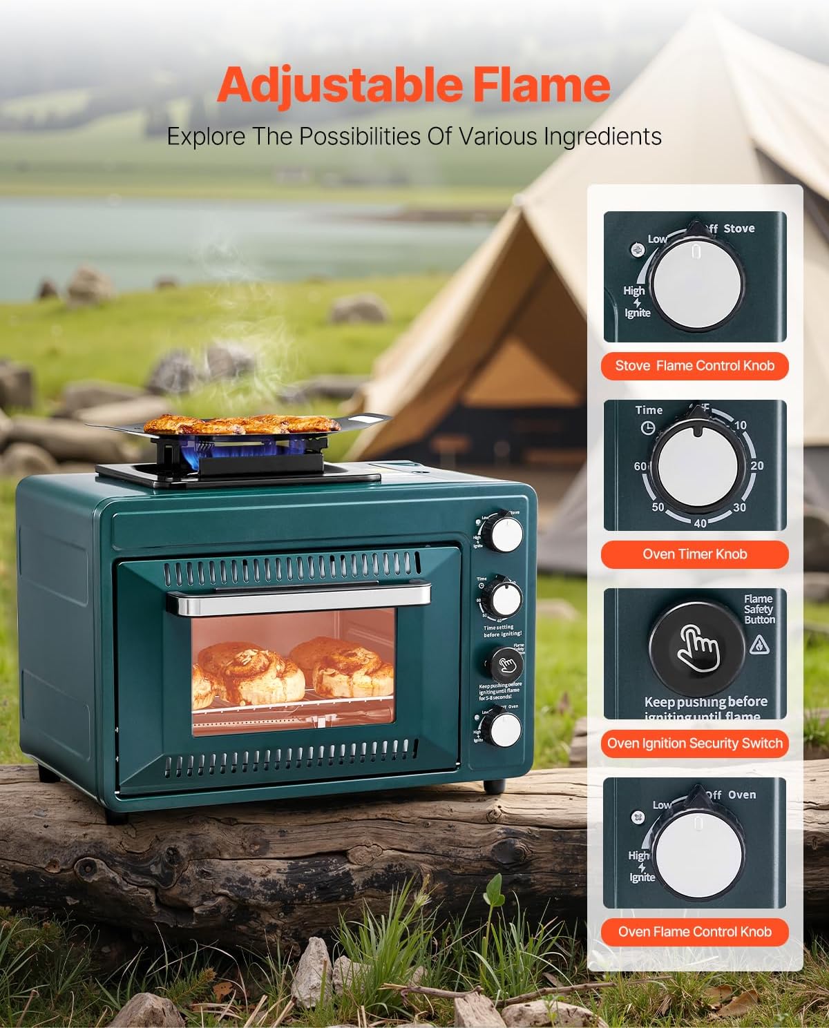 VEVOR Outdoor Camping Oven, 2-in-1 Portable Gas Camping Stove Oven Combo, Adjustable Fire, 60-Minute Timer, Windproof, for Camping Backyard Picnic Outdoor Cooking, Universal Butane Canister Compatible
