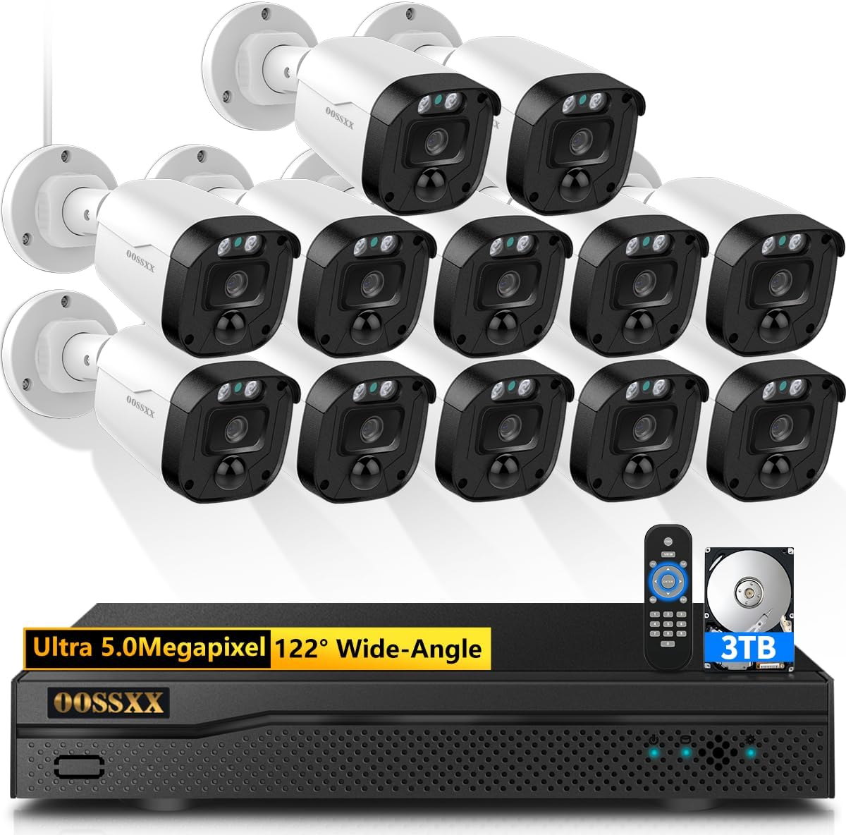 (2026 Update) 5MP Wired Security Camera System Outdoor, 16CH DVR with 12 x 122° Wide Angle Home Surveillance Cameras, IP67 Waterproof, Free App No Monthly Fee, Remote Control, 65ft Night Vision