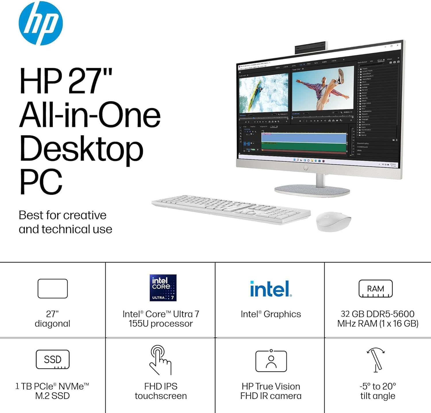 HP 27 All-in-One Desktop Computer, 27' FHD Touchscreen, Intel Ultra 7-155U(12-core), 64 GB DDR5, 4 TB SSD, Adjustable Angle, WiFi 6, Bluetooth 5.3, Windows 11 Pro, Microsoft Office Pro Lifetime