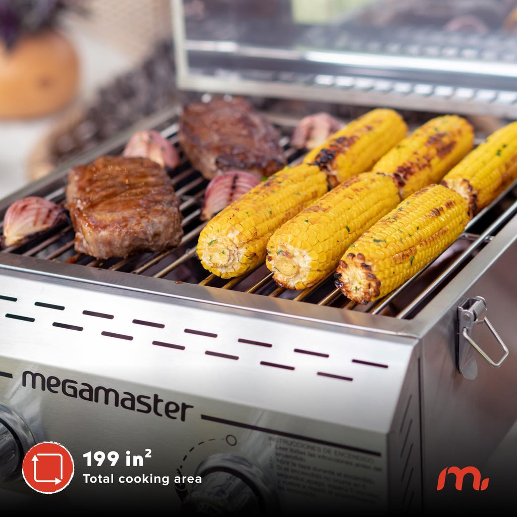Megamaster 2-Burner Stainless Steel Portable Gas Grill with Built-In Lid, 16,000 BTUs, Foldable Legs, Small Propane Grill for Outdoor Cooking, Camping, Tailgating, Patios, and More - 820-0033M
