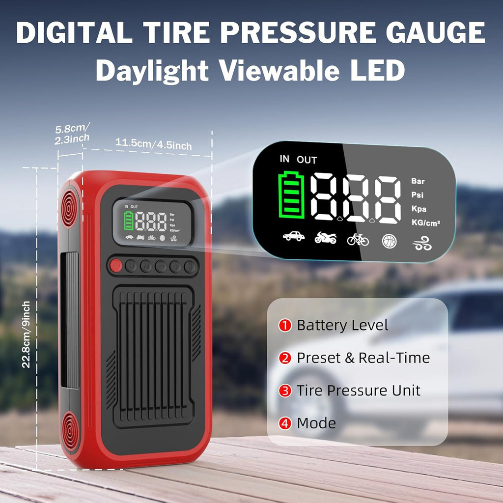 Tire Inflator Portable Air Compressor,12V Car Battery Jump Starter,5X Faster Air Pump For Car Tire with Digital Tire Pressure Gauge&LED Light&Auto Shut-Off,Cordless Pump for Car,Motor,Bicycle