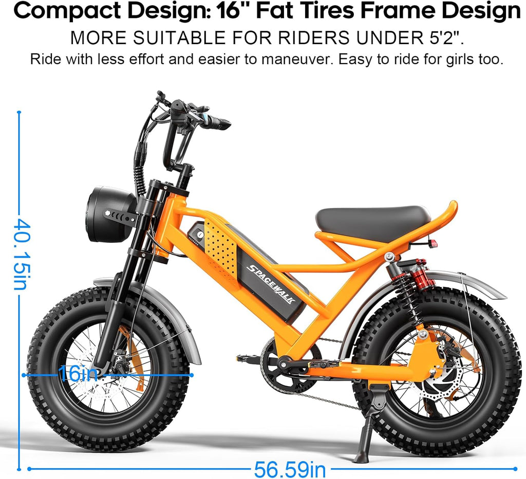 Spacewalk Electric Bike M6 / M7 for Teens/Adults,16' / 20' Ebike,1500W Peak Motor,21.7mph / 27.9mph,48V 15Ah Removable Battery,4X Suspension,50 Miles Pure Electric,70 Miles PAS