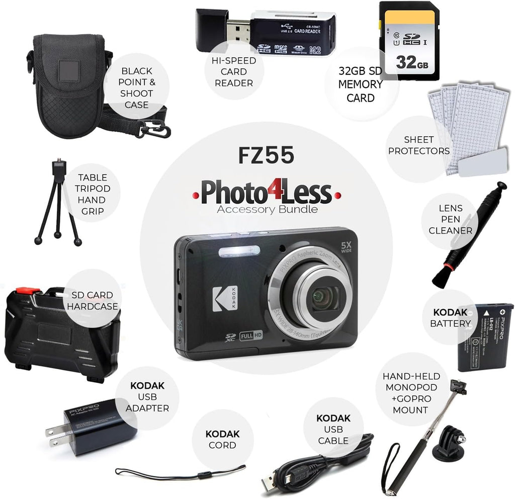 Kodak PIXPRO FZ55 Digital Camera (Black) + 32GB Memory Card + Point and Shoot Camera Case + Extendable Monopod + Lens Cleaning Pen + LCD Screen Protectors + Table Top Tripod â€' Ultimate Bundle
