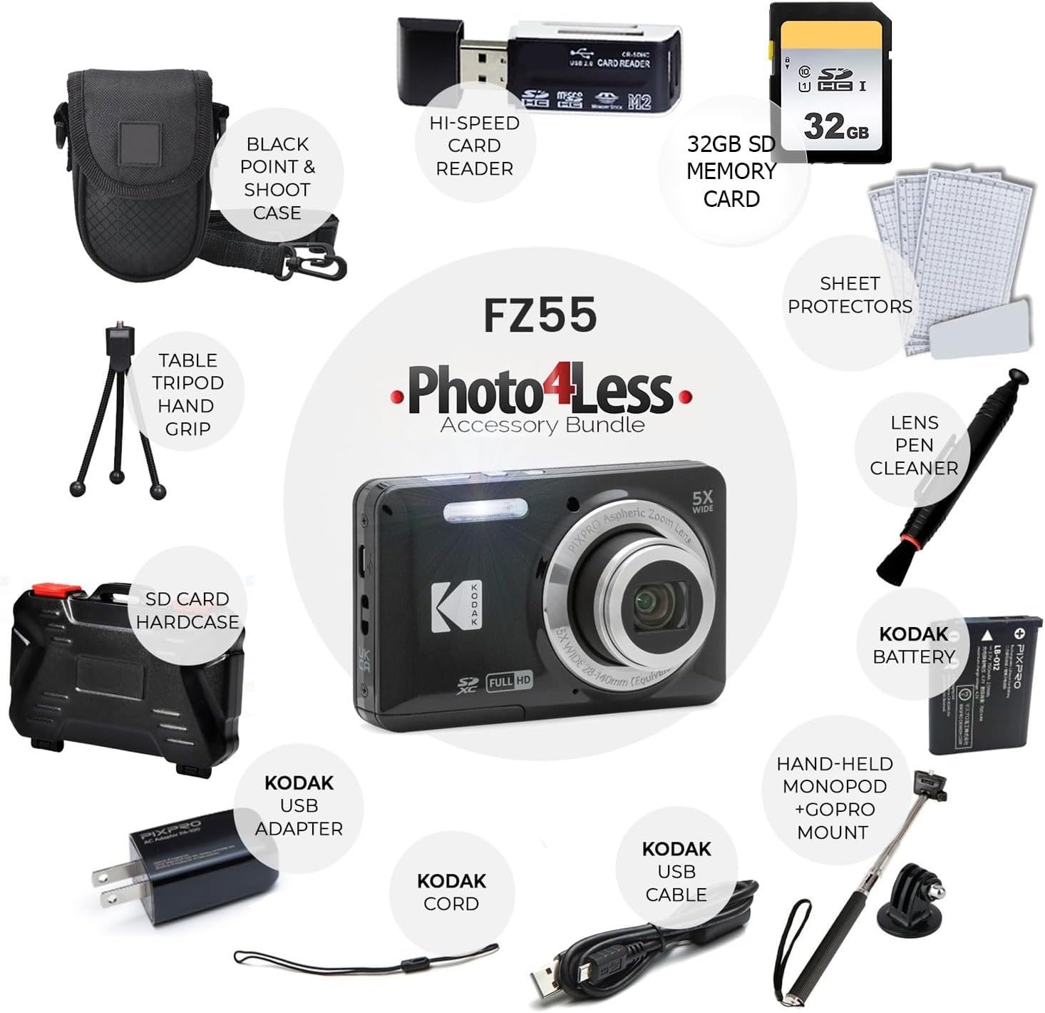 Kodak PIXPRO FZ55 Digital Camera (Black) + 32GB Memory Card + Point and Shoot Camera Case + Extendable Monopod + Lens Cleaning Pen + LCD Screen Protectors + Table Top Tripod â€' Ultimate Bundle