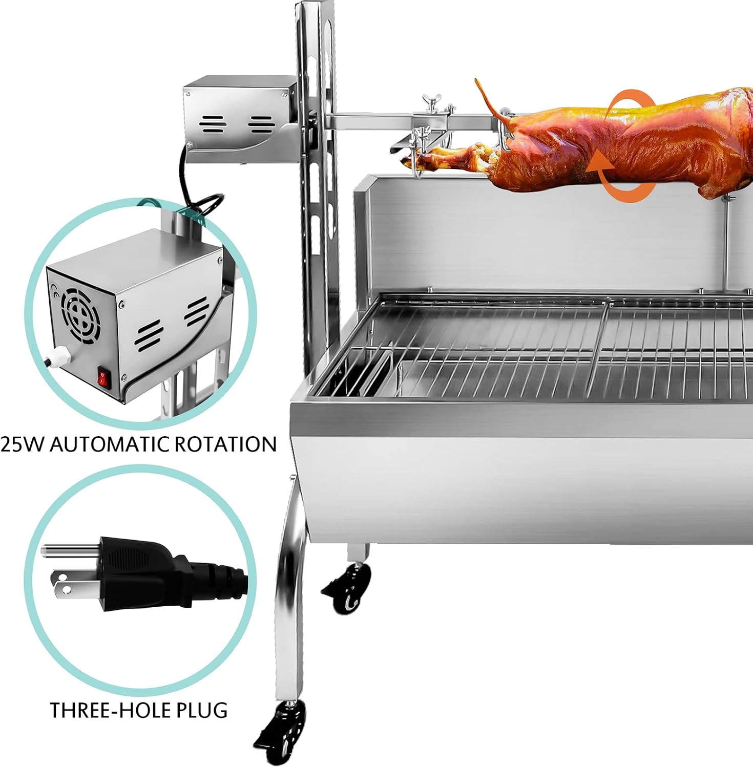 Stainless Steel Rotisserie Grill Roaster With Back Cover Guard, 25W Motor for Small Pig Lamb, 48.6 Inch Charcoal Grill for Camping Outdoor BBQ, Silver, 176 LBS With Baffle