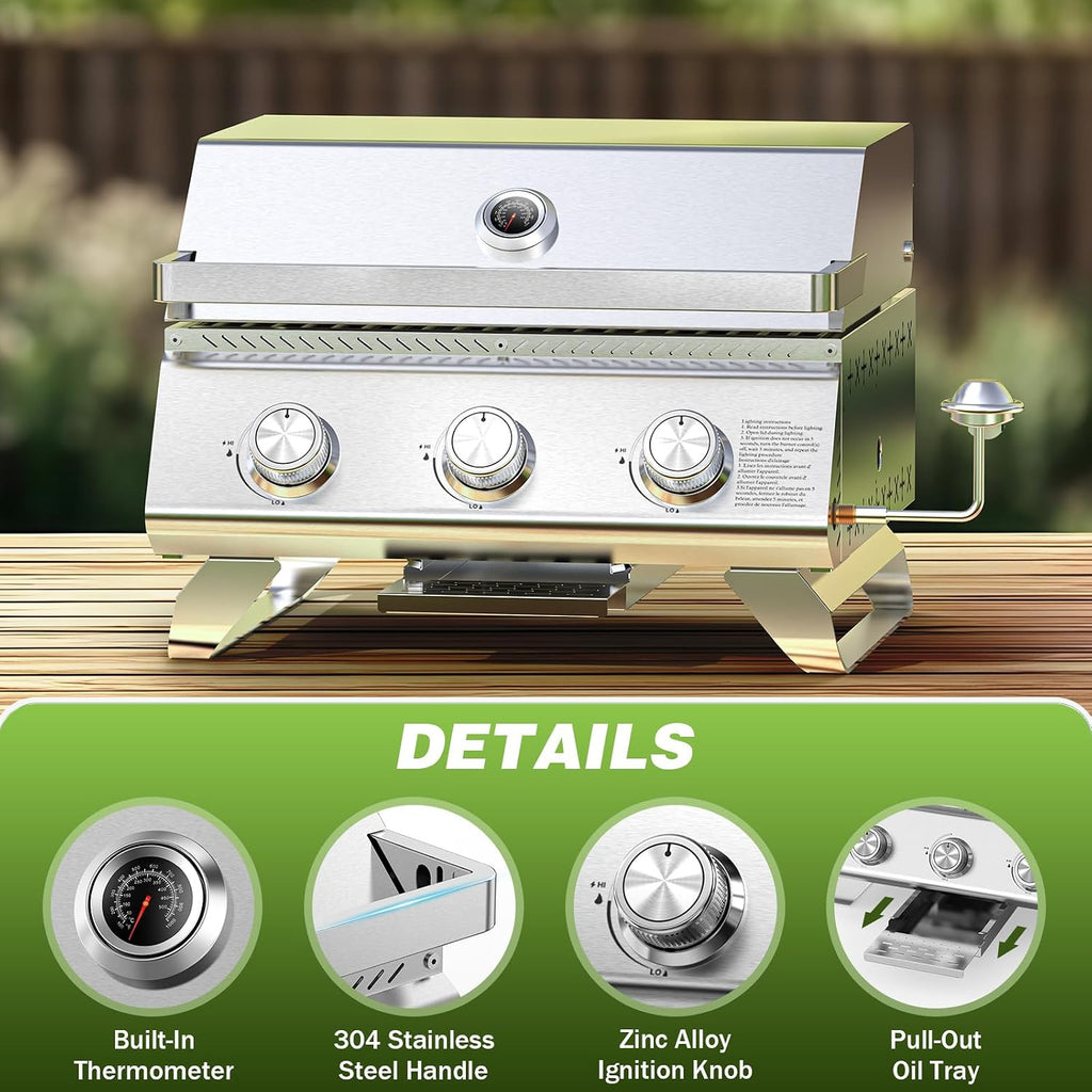 COWSAR Portable 3-Burner Table Top Gas Grill with Griddle, Stainless Steel BBQ Propane Grill, Flat Top Grill with Lid for Outdoor Cooking Camping or Tailgating, 24,000 BTU