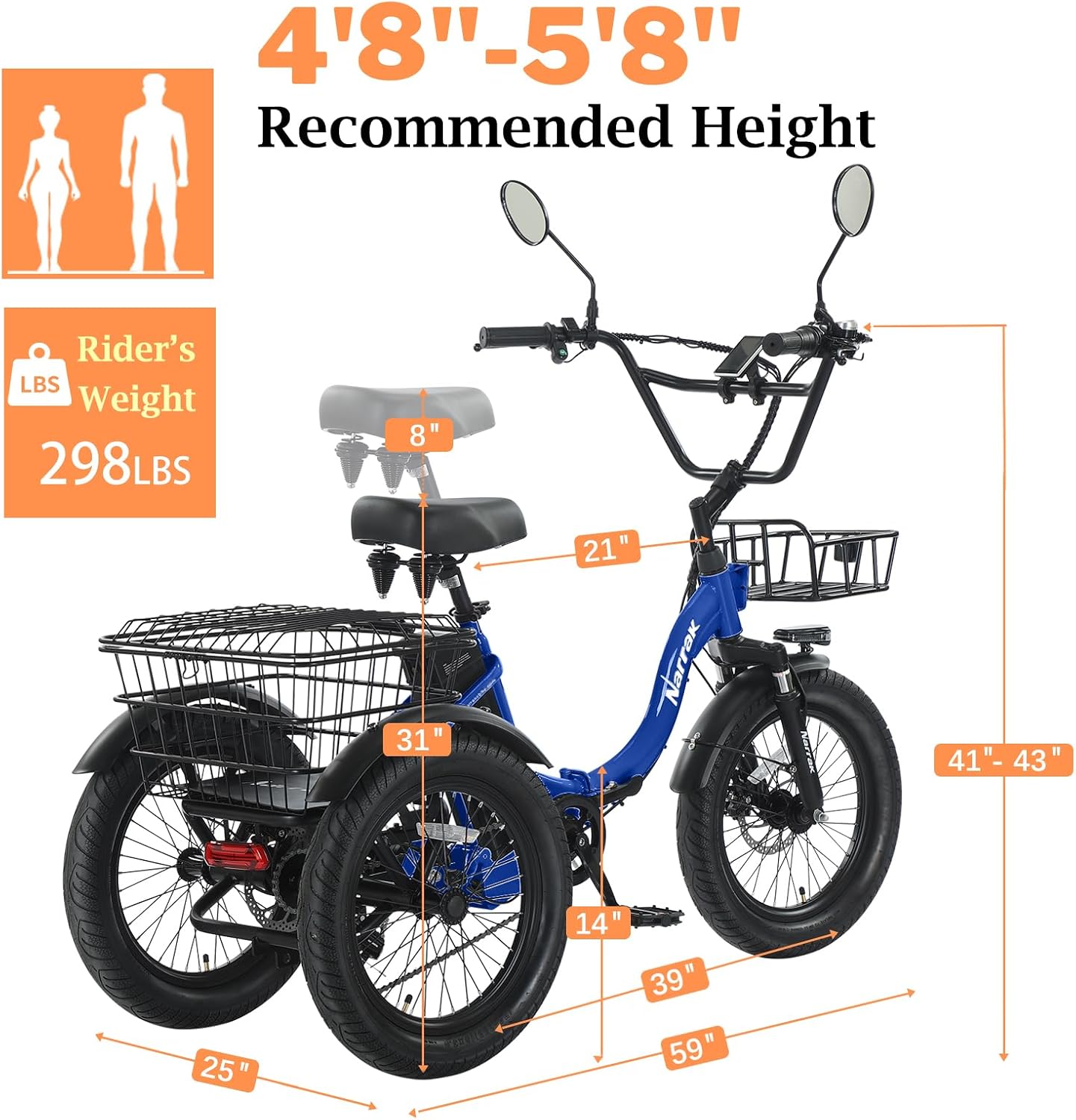 NARRAK Electric Tricycle for Adults,Fat Tire Folding Electric Trike,3 Wheels Electric Bicycle Bikes, Peak 700W/1100W Step-Thru Etrike with Removable Battery and Large Basket
