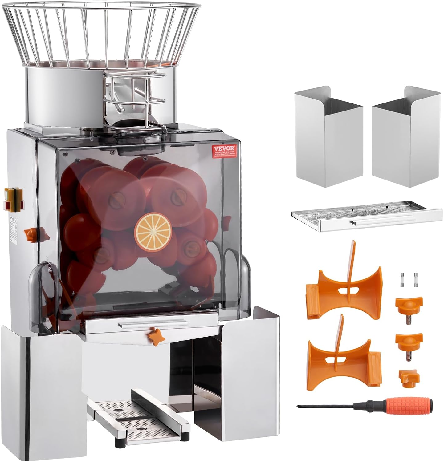 VEVOR Commercial Orange Juicer Machine, 120W Automatic Feeding Juice Extractor, Stainless Steel Juice Extractor for 25 Oranges Per Minute, with Pull-Out Filter Box, PC Cover, 2 Peel Collecting Buckets