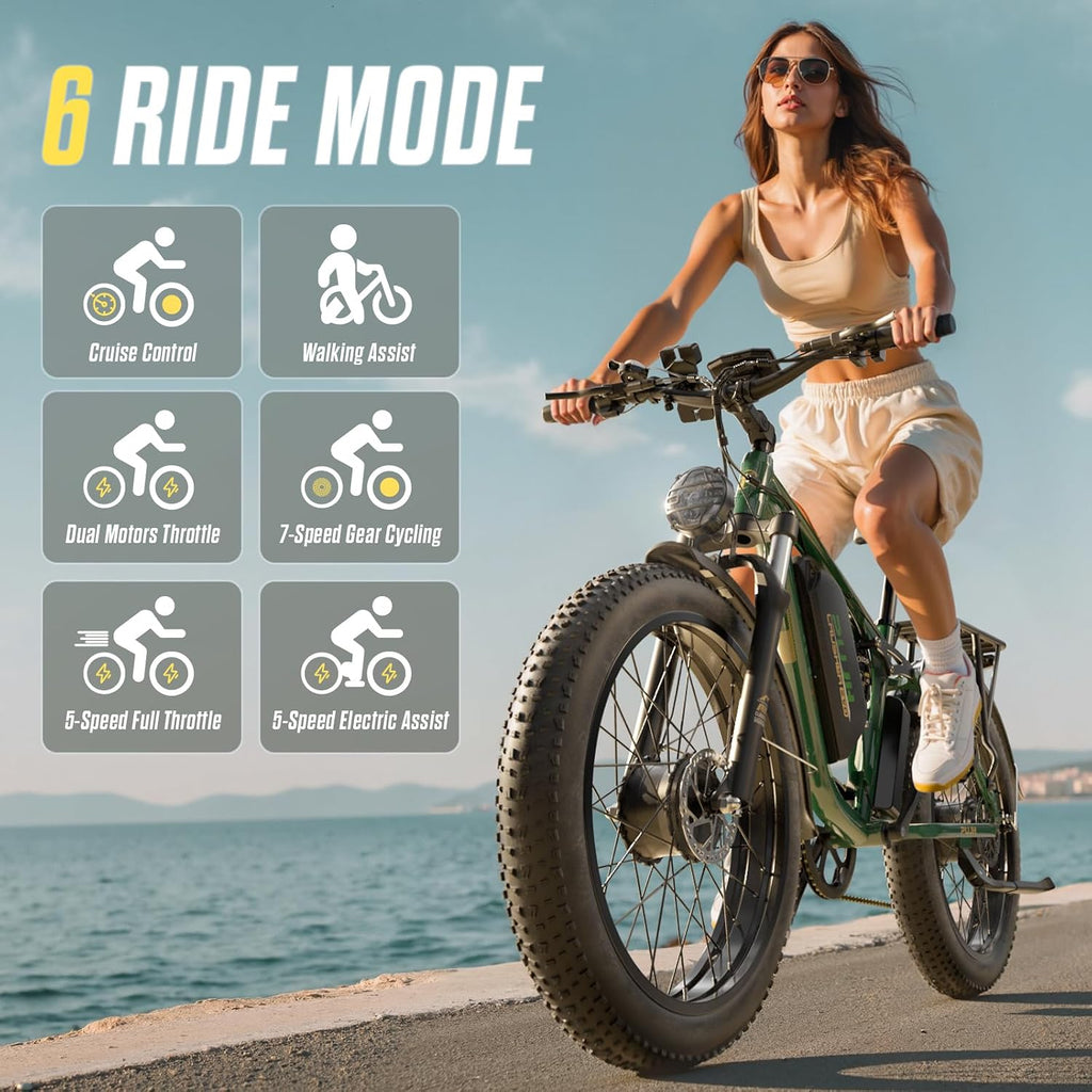 6000W Dual Motors Electric Bike for Adults,60V 20Ah 26' Fat Tire Ebike,50 mph up to 100 Miles Full Suspension Class 3 Electric Bicycle for Snow Off Road Mountain Hunting Commuter