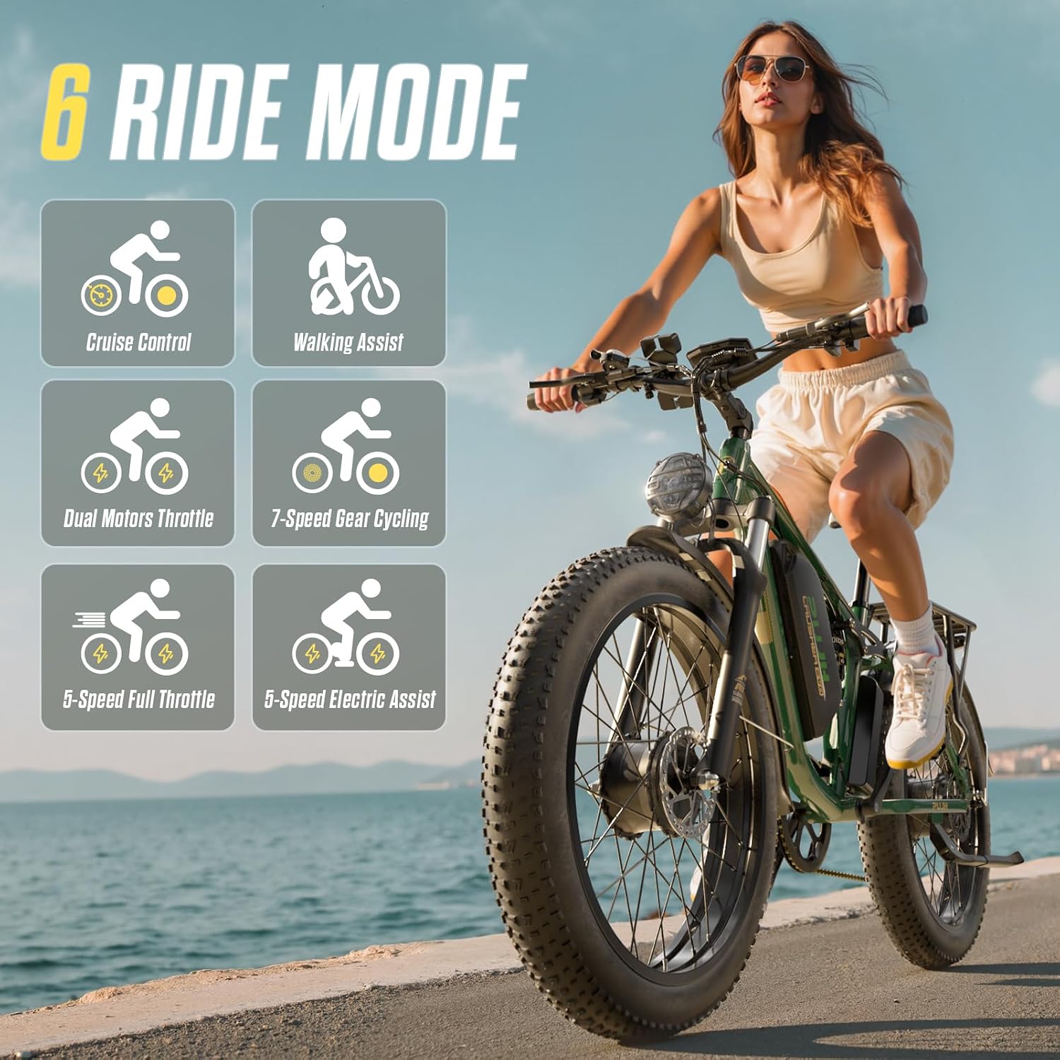 6000W Dual Motors Electric Bike for Adults,60V 20Ah 26' Fat Tire Ebike,50 mph up to 100 Miles Full Suspension Class 3 Electric Bicycle for Snow Off Road Mountain Hunting Commuter