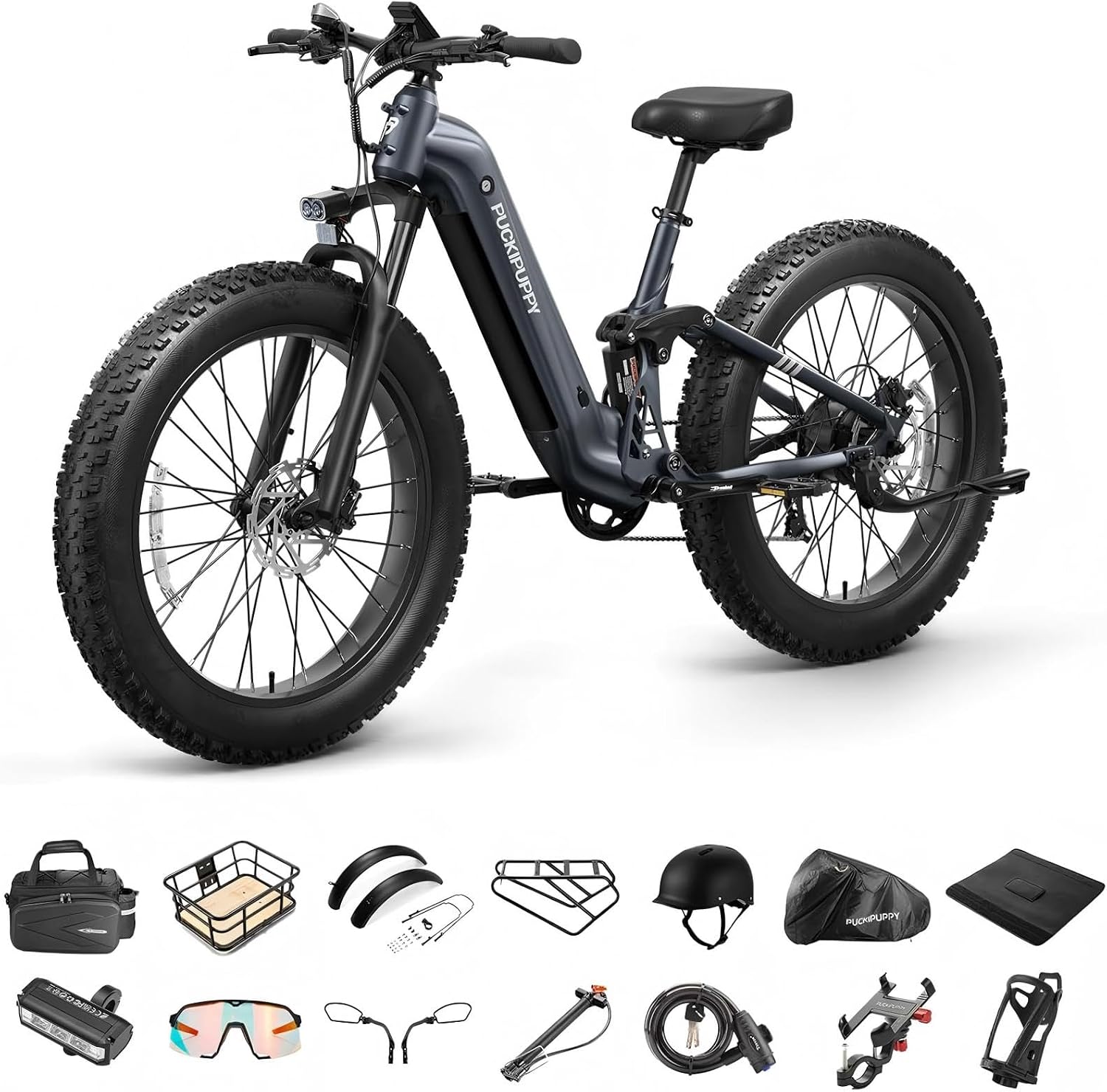 PUCKIPUPPY Electric Bike for Adults 960W+A Luxury Accessory Pack, 48V 20AH Battery Adult Electric Bicycles, 26' Fat Tire Full Suspension Step-Thru Ebike, 28MPH Mountain Ebike, 7 Speed, 80Miles Range