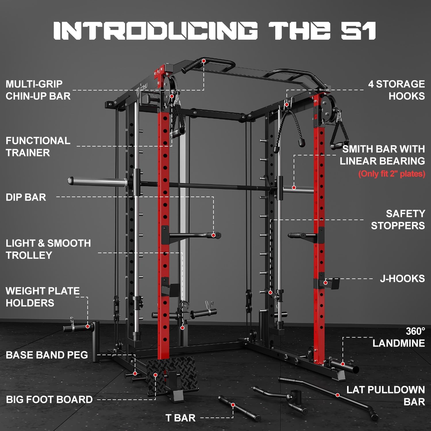 S1-V4 Smith Machine, 2000LBS Power Cage with Cable Crossover System, All-in-One Squat Rack with Smith Bar, Strength Training Equipment for Hone Gym