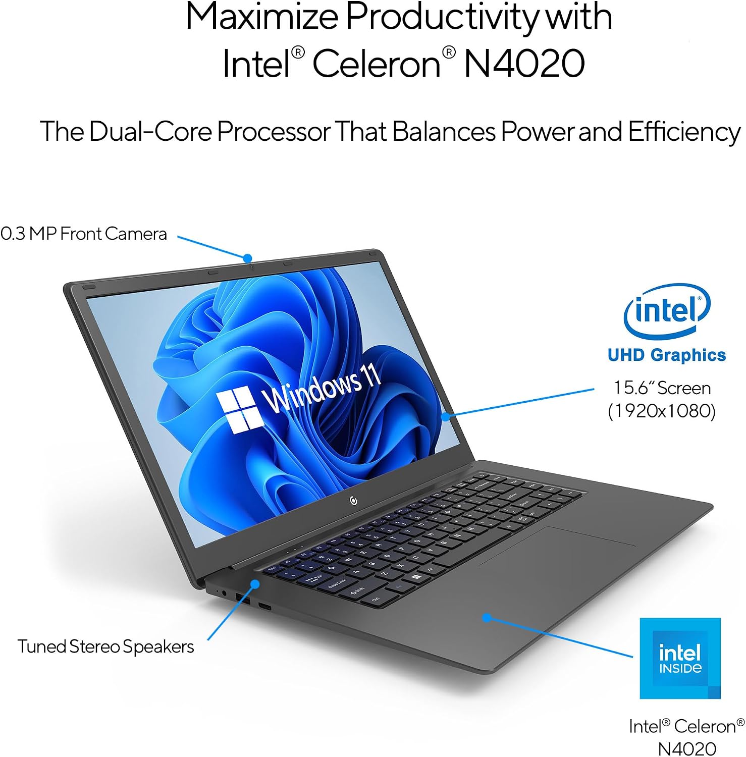 15.6' Full HD Intel 4GB RAM 64GB SSD Laptop with Windows 11 - Black