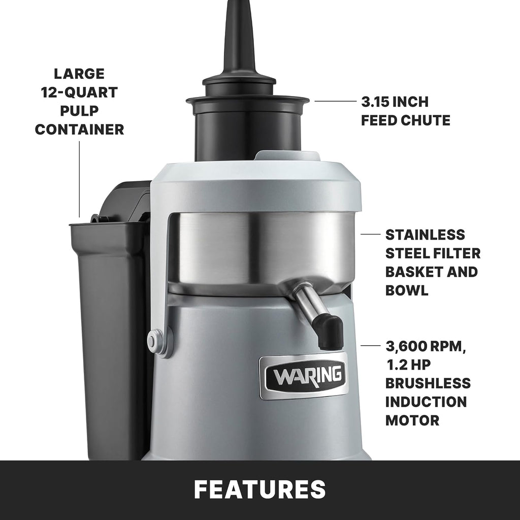 Waring Commercial Pulp Juice Extractor, Heavy-Duty 1.2HP, 12 Quart, Eject Centrifugal Juicer, Continuous Operation, Wide Chute, Commercial Foodservice Pro Use for Bars, Restaurants, and Health Clubs