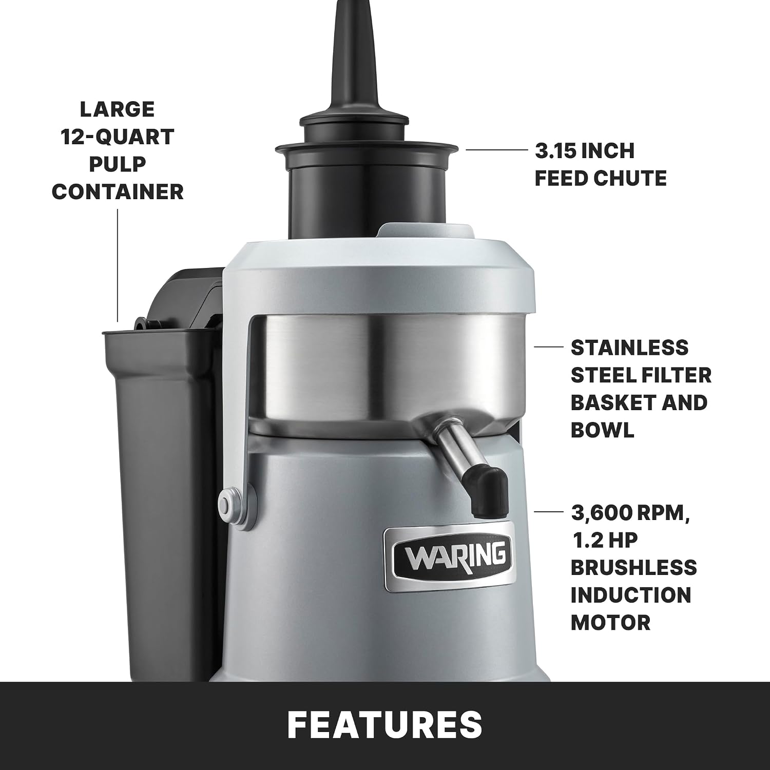 Waring Commercial Pulp Juice Extractor, Heavy-Duty 1.2HP, 12 Quart, Eject Centrifugal Juicer, Continuous Operation, Wide Chute, Commercial Foodservice Pro Use for Bars, Restaurants, and Health Clubs