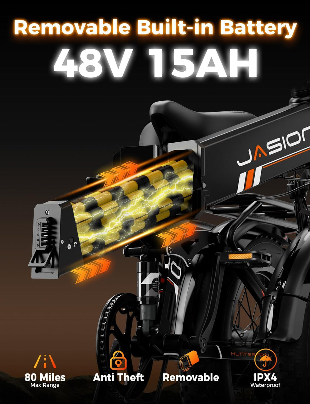 Jasion X Hunter PRO Electric Bike for Adults,1800W Peak 20''Fat Tire Foldable E Bikes,Folding Ebike Up to 80 Miles Range 30 MPH,720 WH Removable Battery,Certified by UL2849，X Hunter Upgrade