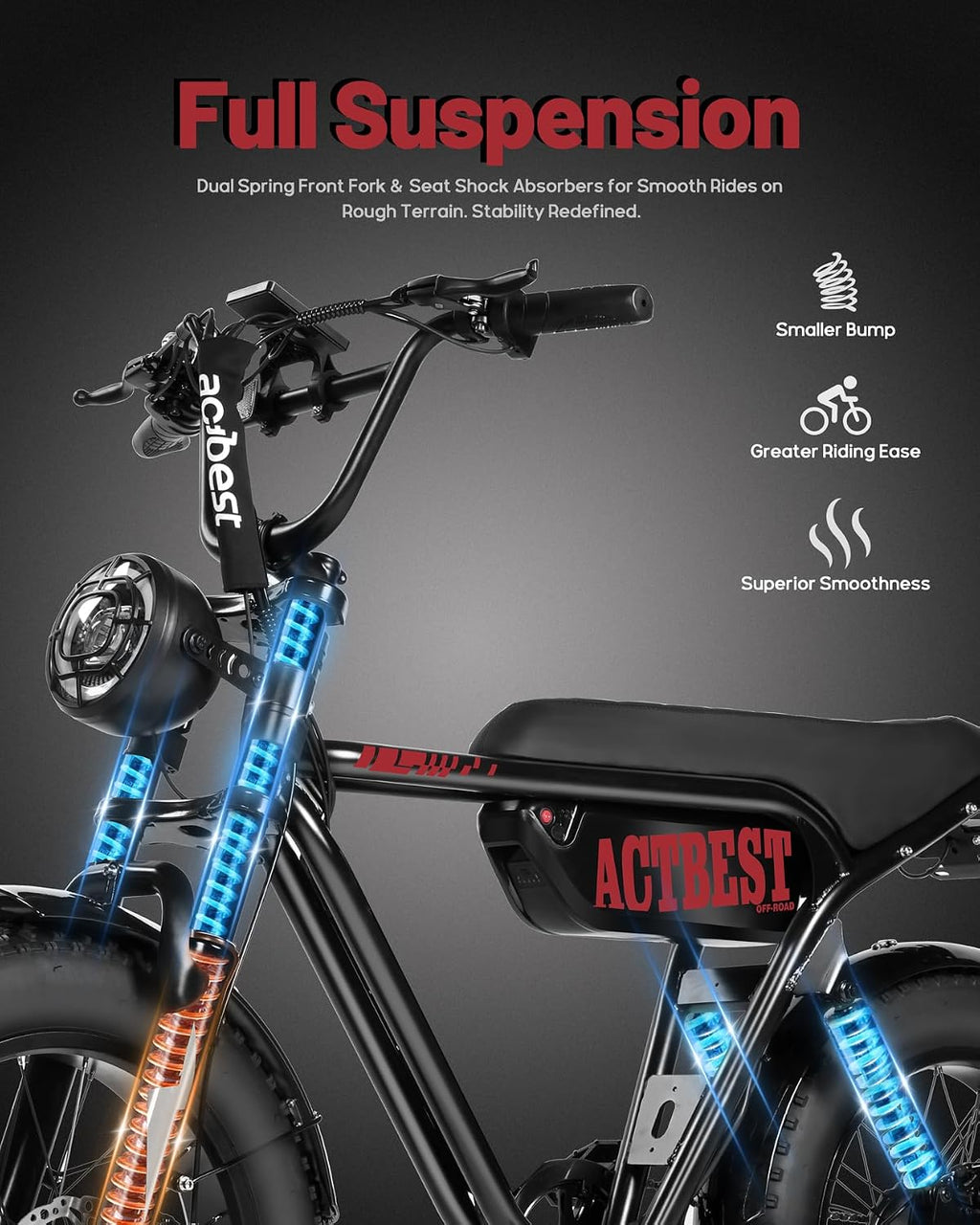 ACTBEST 16'/20'/26' Fat Tire Electric Bike for Adults/Teens, 1200W/1500W Peak Motor, 25MPH/28MPH & 55-75 Miles Long Range, Full Suspension All-Terrain eBike for Mountain,Snow,Sand