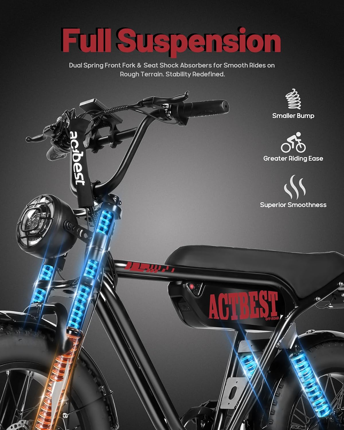 ACTBEST 16'/20'/26' Fat Tire Electric Bike for Adults/Teens, 1200W/1500W Peak Motor, 25MPH/28MPH & 55-75 Miles Long Range, Full Suspension All-Terrain eBike for Mountain,Snow,Sand