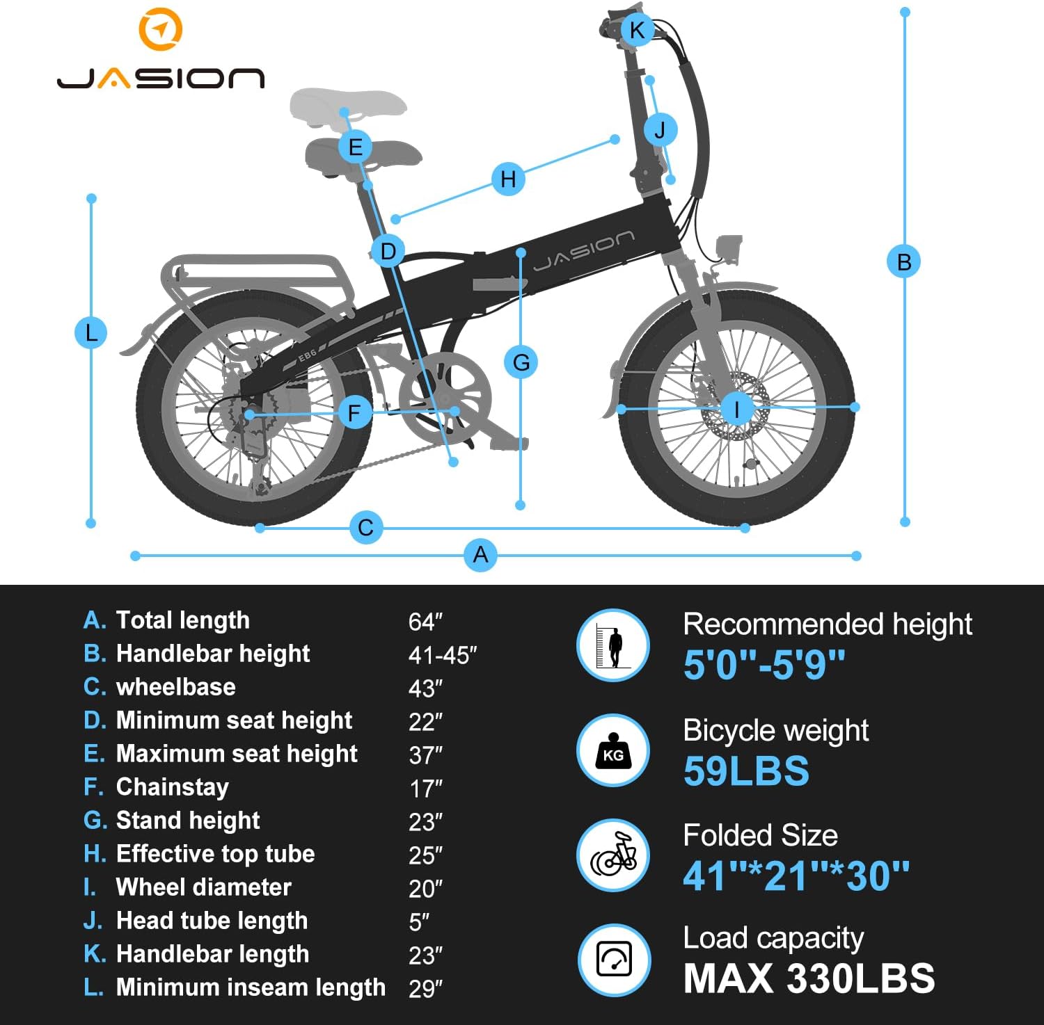 Jasion Electric Bike for Adults, Peak 1000W Motor with 25Mph EBS Ebike, Built-in 48V Removable Battery up to 55 Max Miles fo Folding Ebike, Aluminum 20'' Fat Tire Adult Electric Bike