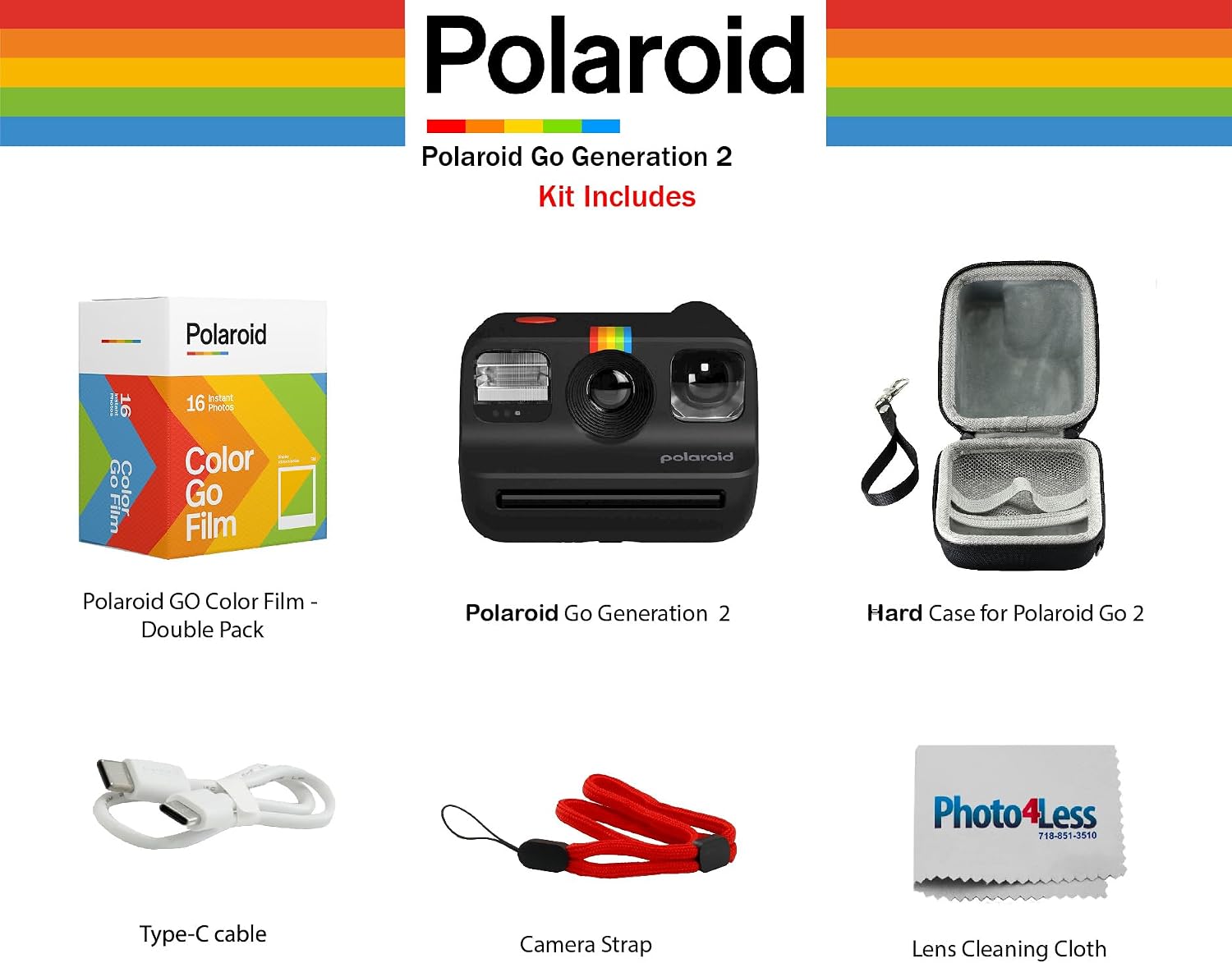 Polaroid Go Generation 2 Instant Film mini Camera (Black) Bundled with Polaroid GO Color Film Double Pack, Hard Carrying Case, Lens Cleaning Cloth