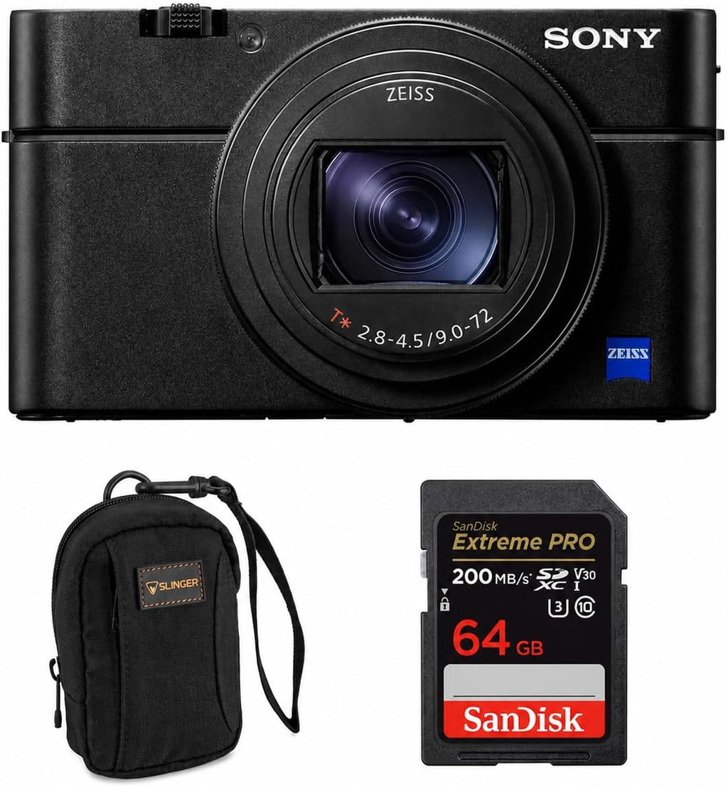 Sony Cyber-Shot RX100 VII Premium Compact Camera 1.0-Type Stacked CMOS Sensor and ZEISS 24-200mm Zoom Lens, Bundle with 64GB SD Card, Camera Bag, Sony 1-Year Limited Warranty