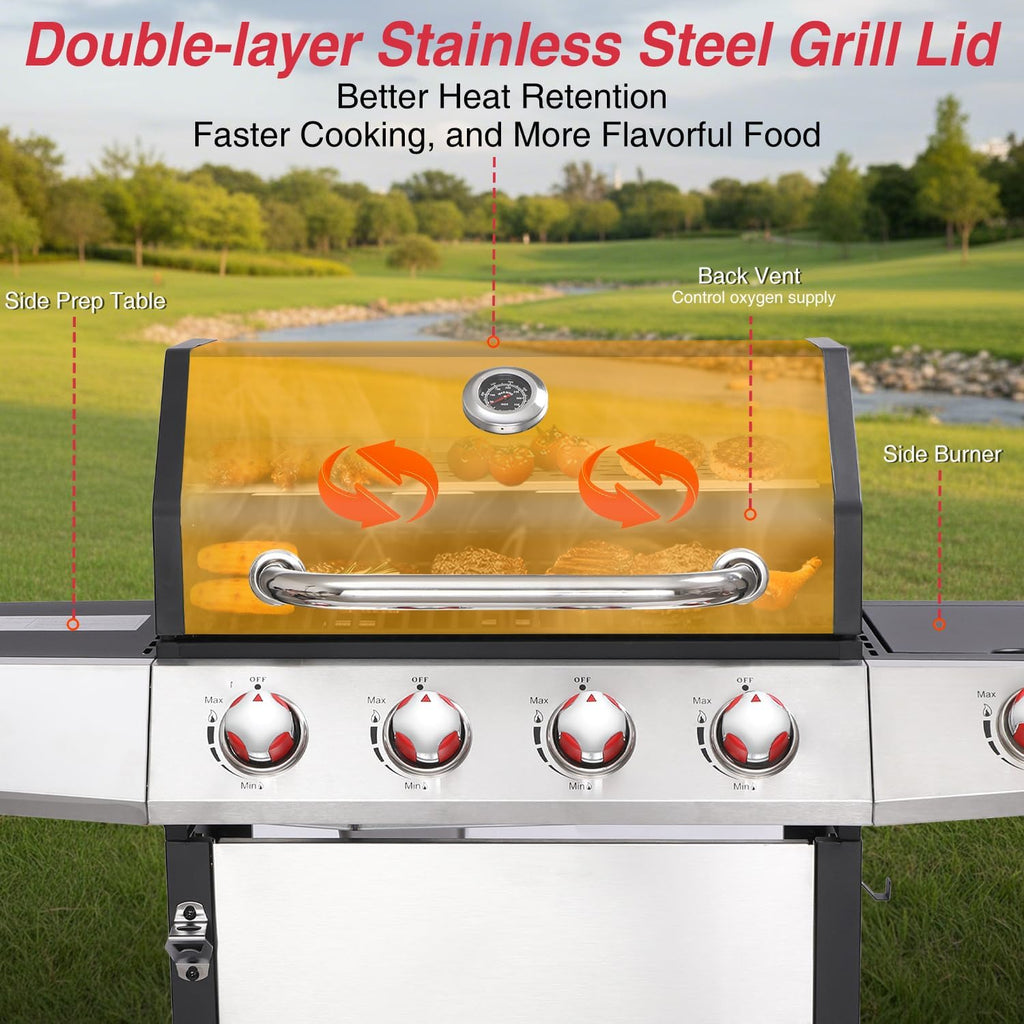 4-Burner Gas Grill with Side Burner, 49,000 BTU, Outdoor BBQ Grill with Cast Iron Grates, Griddle and Charcoal Pan, 3-in-1 Convertible Cooking, Easy-Clean System & Side Shelves