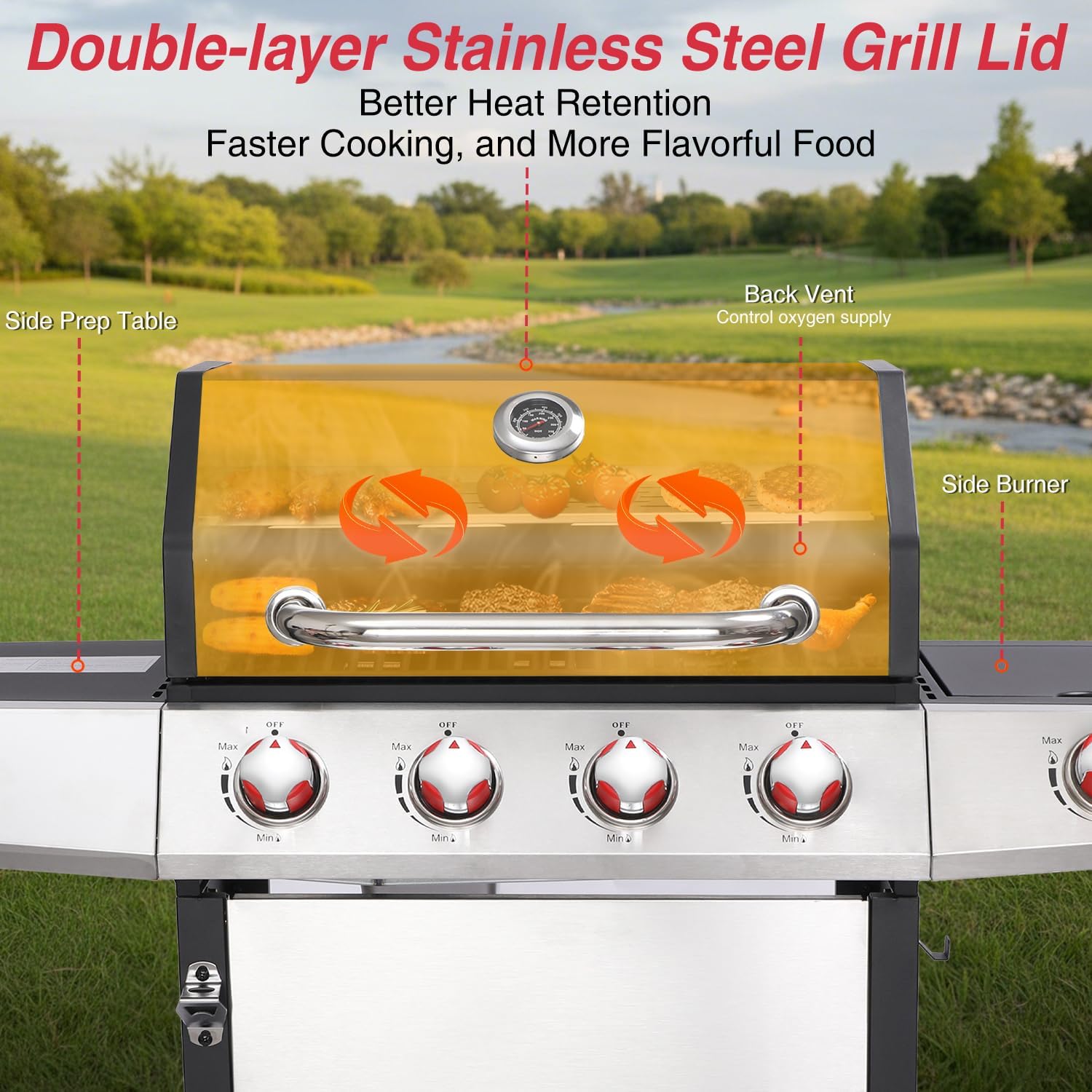 4-Burner Gas Grill with Side Burner, 49,000 BTU, Outdoor BBQ Grill with Cast Iron Grates, Griddle and Charcoal Pan, 3-in-1 Convertible Cooking, Easy-Clean System & Side Shelves
