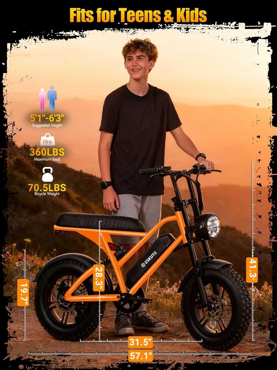 ESKUTE V100 Electric Bike for Adults, Electric Dirt Bike 1500W Peak Motor, All Terrain Dual Suspension E Bike 28MPH Top Speed, Ebike Up to 60 Miles Range, 16' Fat Tire, 48V13Ah Battery, 7-Speed