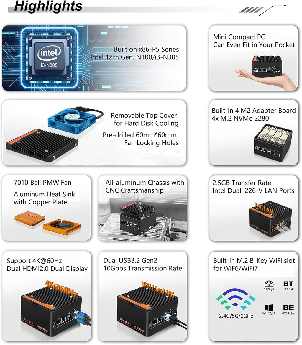 StoneStorm 4-Bay NAS Mini PC Dual 2.5GbE i226-v LAN Ports, 12th Gen. N150 with DDR5 MAX 48GB, 4 M.2 NVMe 2280, Dual 4K Display, 2 USB3.2 10Gbps for Micro Firewall Router/Pocket Computer (Barebone)