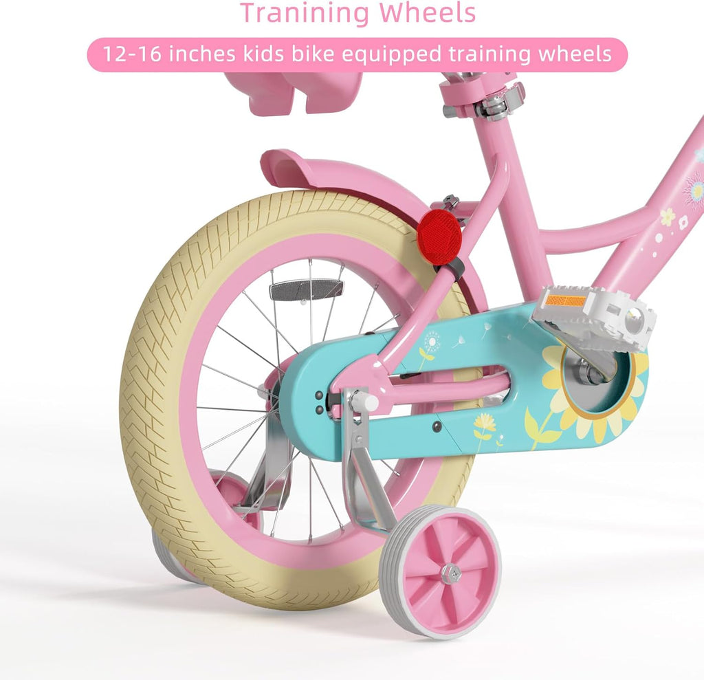 Glaf Toddler Girls Bike 12 14 16 20 Inch Girls Bike with Training Wheels Age 2-12 Years Old Bicycle Kids Bike with Basket and Doll Seat Adjustable Seat