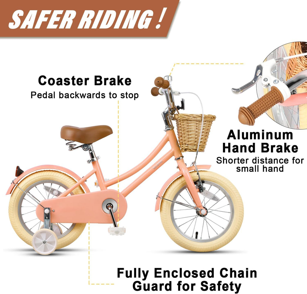 Glerc Little Molly 12-20 Inch Kids Retro Cruiser Bike for 2-13 Year Old with Wicker Basket & Training Wheels/Kickstand, Multiple Colors